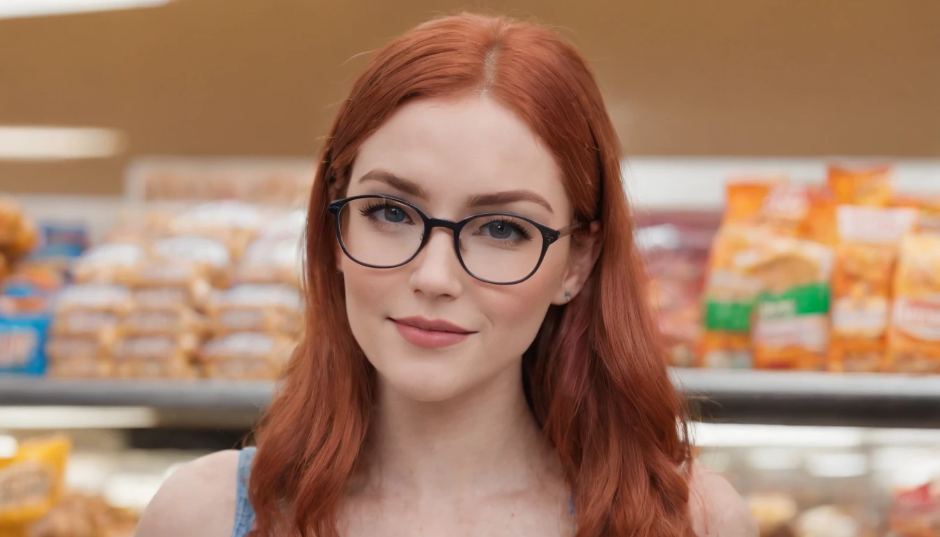 Allison confidently promotes the snacks in the grocery store, wearing a pink crop top, ponytail, blue jeans, and hiking boots. Her vibrant red hair and glasses add to her unique appearance. Allison, a 24-year-old American from Corpus Christi, Texas, stands out in the grocery store as she showcases the snacks. With her slim, buxom figure, red hair, and glasses, she exudes confidence and charm. In the grocery store, Allison catches the attention of shoppers with her striking appearance. Wearing a pink crop top, blue jeans, and hiking boots, she confidently promotes the snacks. Her red hair, glasses, and slim, buxom figure make her stand out.