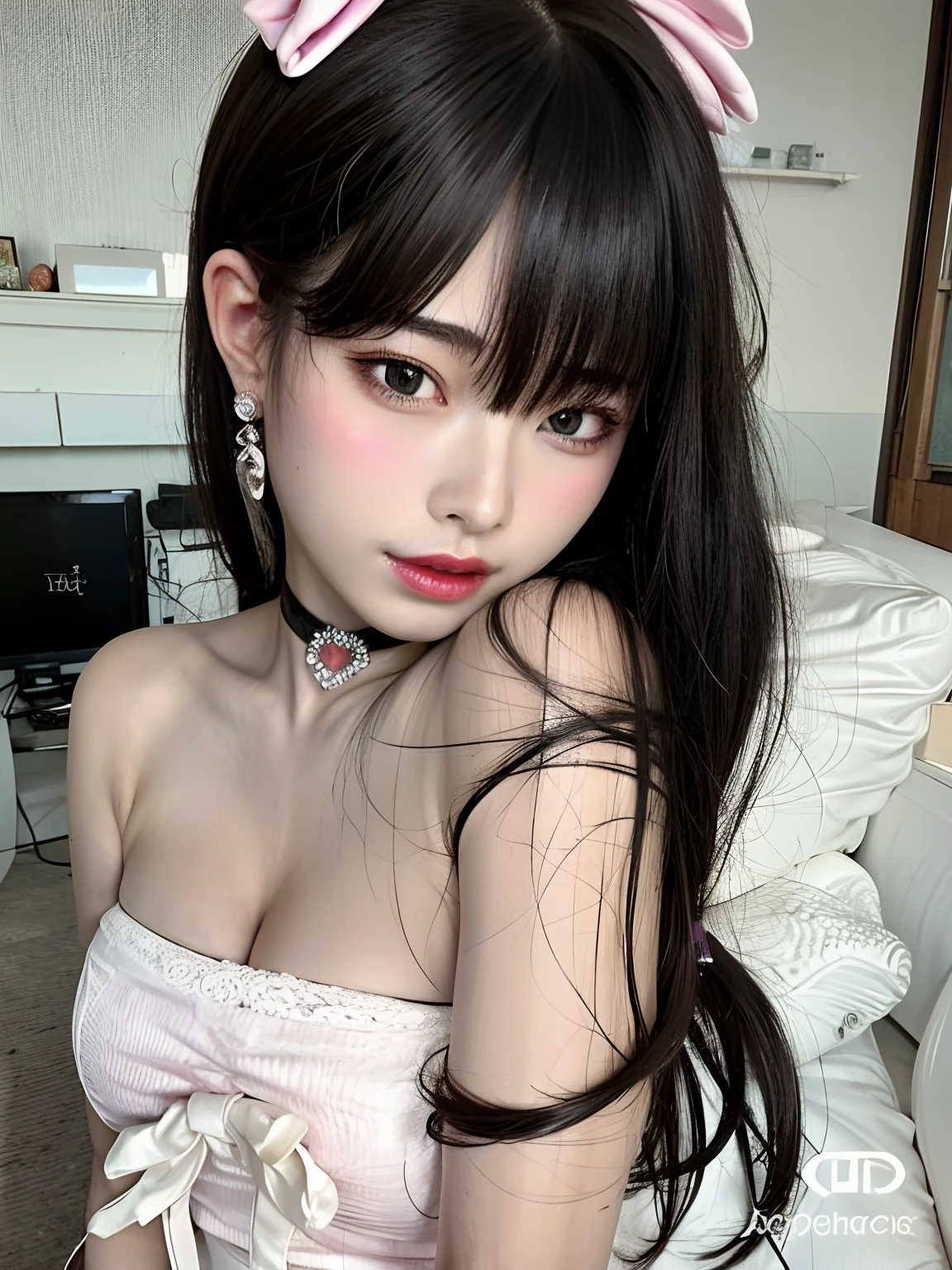 Hay una mujer con un lazo rosa en la cabeza, ulzzang, pale porcelain white skin, con cabello largo y ojos penetrantes, pale fair skin!!, Ella tiene el pelo negro con flequillo, cruel korean goth girl, whitebangsblackhair, pale goth beauty, cabello negro y ojos grandes, pale milky white porcelain skin, Cabello largo y negro con flequillo