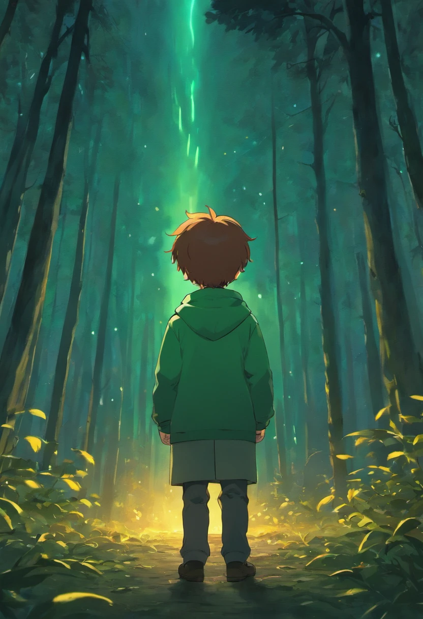 (close up shot:1.5), Family guy Peter griffon, forest glade at night background, (dusk), moonlight, bokeh, (art by jeremy mann and edvard munch), beautiful composition, complimentary colors, masterpiece, award winning, goku from dragon ball z in the distance staring menacingly