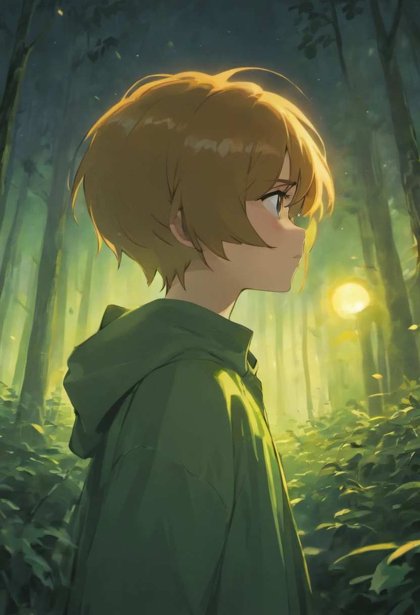 (close up shot:1.5), Family guy Peter griffon, forest glade at night background, (dusk), moonlight, bokeh, (art by jeremy mann and edvard munch), beautiful composition, complimentary colors, masterpiece, award winning, goku from dragon ball z in the distance staring menacingly
