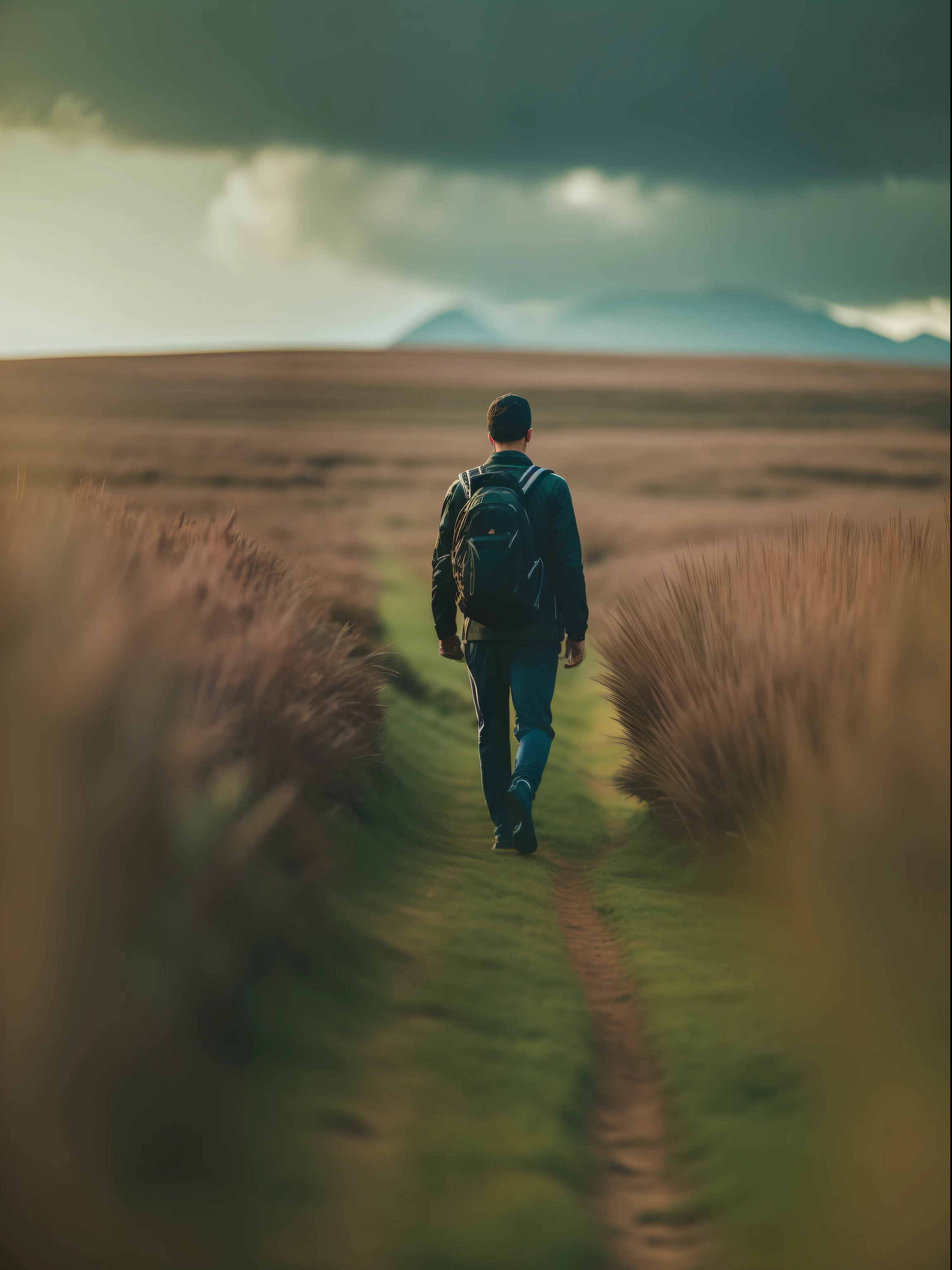 Young man walking alone in the mountains，He looked into the distance, Realistic, Ultra photo realsisim, Hyper-cinematic, ultra photo，