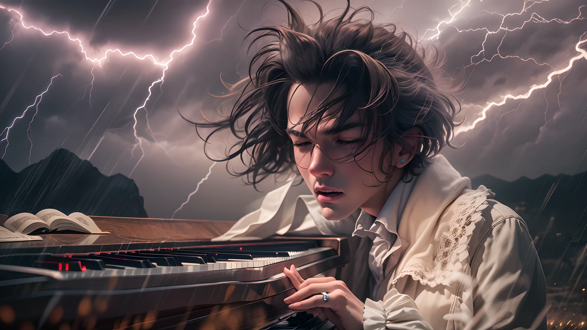 Beethoven playing piano under thunderstorm with lightning in the background