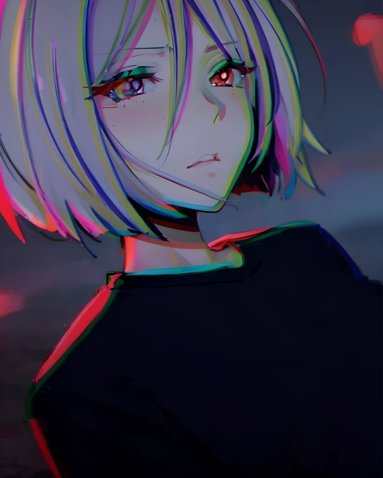 a close up of a person with a short hair and a black shirt, anime vibes, ufotable art style, in an anime style, in anime style, anime style mixed with fujifilm, unknown artstyle, anime styled, discord profile picture, intricate heterochromatic sad, portrait a woman like reol, semirealistic anime style, anime styled 3d, anime aesthetic