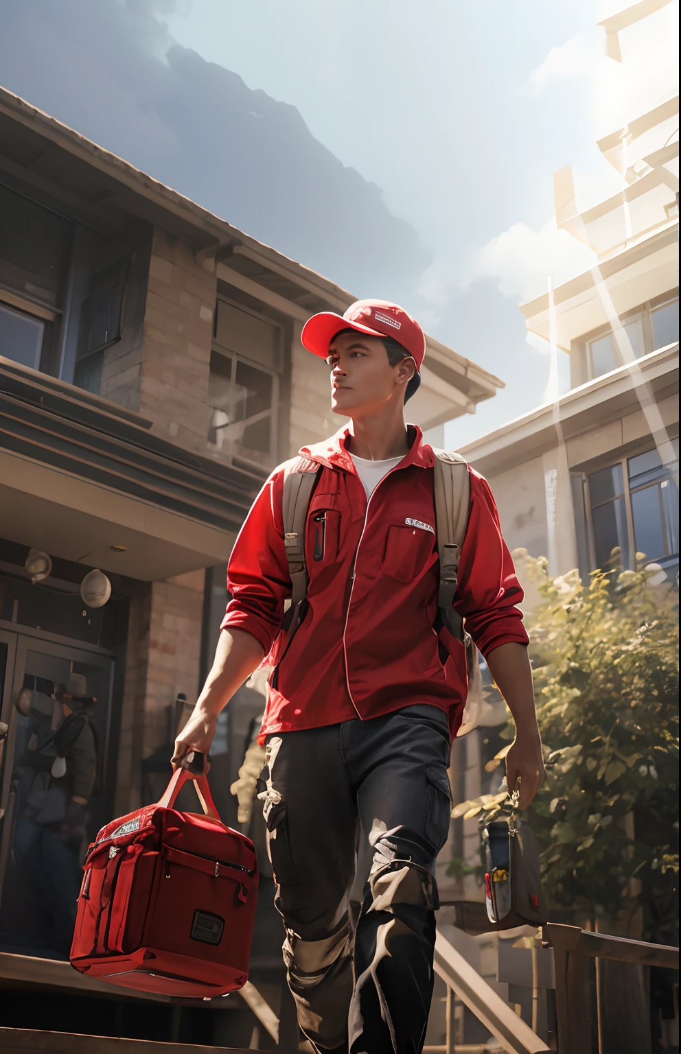 1 Wear a red hat,Wear a red long-sleeved top,blue denim pants,Toolbox in hand,Handheld toolbox,Carrying a rucksack,Male engineers,engineer,walking down a road,work