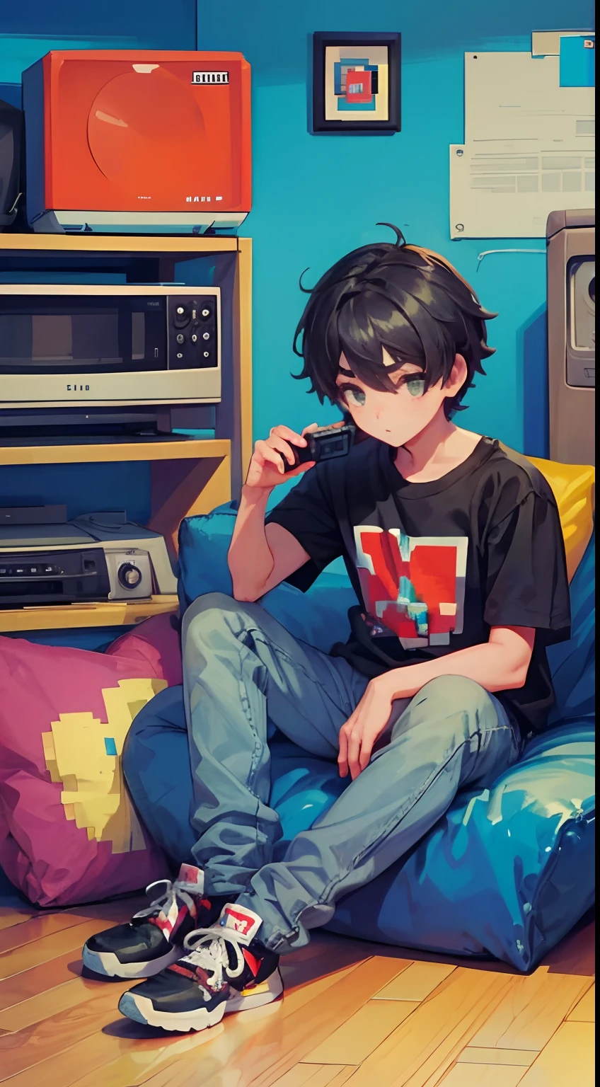 (pixelart: 1.2), Boy playing video games, remera con logotipo, jeans, cabello negro, habitacion con sillones, televisor antiguo con una consola atari.