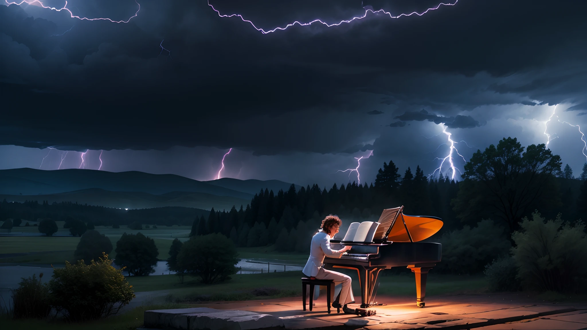 Beethoven playing piano under thunderstorm with lightning in the background