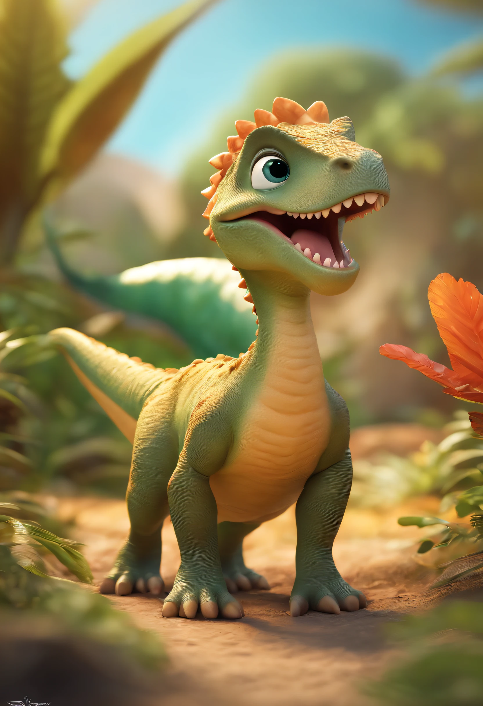 Cute dinosaurs,colorful animations,illustration,Playful,detailed creature,Friendly expressions,Vibrant colors,Interactive artwork,dynamicposes,artistic rendition,Fun and engaging,A high resolution,Ultra-detailed,Physically-based rendering,Lively personality,Expressive eye and facial features,Dynamic movements,Interesting environment,Animation features,Imaginative landscape,Evoke childlike joy,Colorful Palette,soft and rounded forms,Dynamic lighting and shadows,Vivid tones,Bokeh effect,Joyful and whimsical,Delightful scene,Masterpiece:1.2