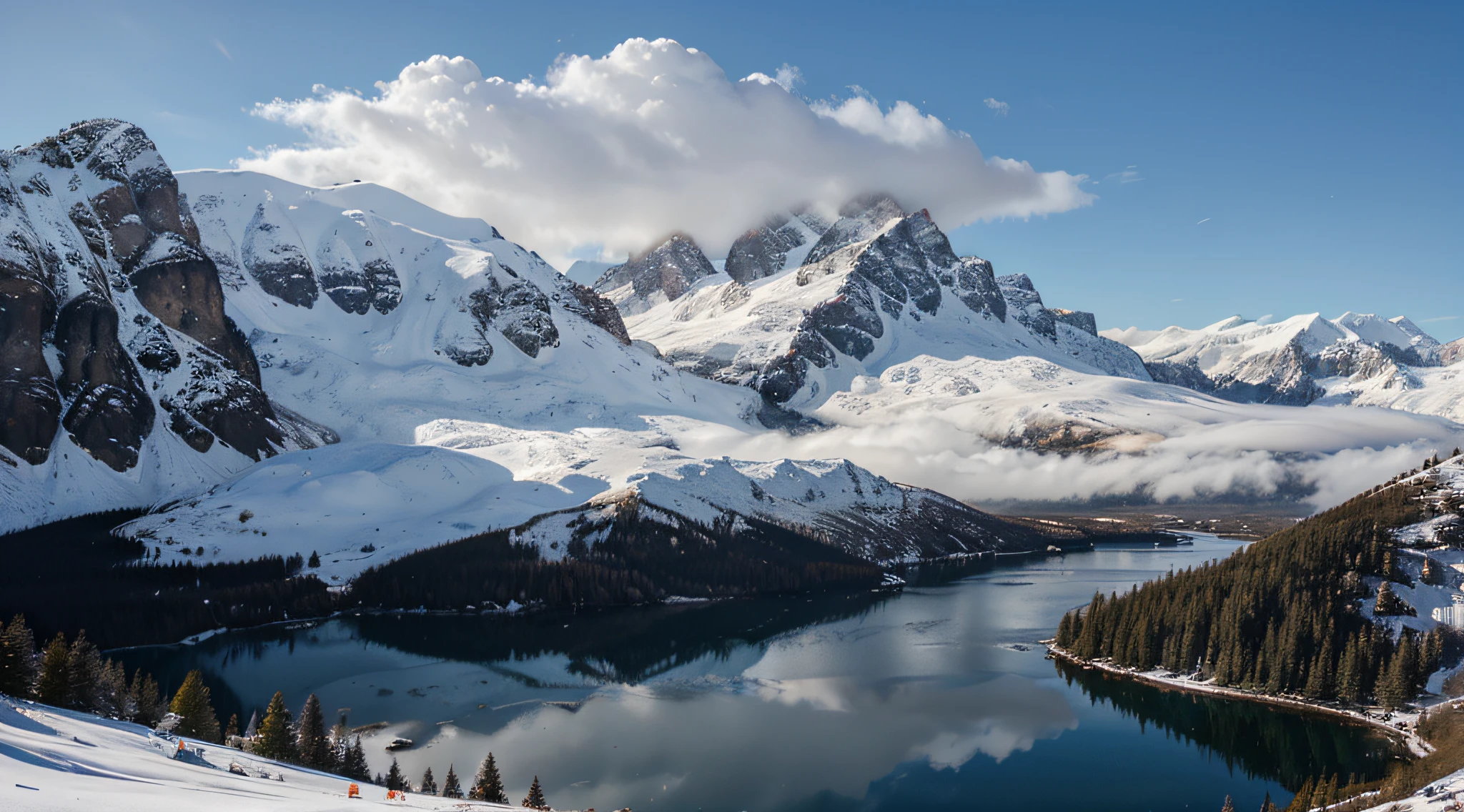 a lake with many mountain cover with snow around it, and there is one mountain being surrounded by cloud