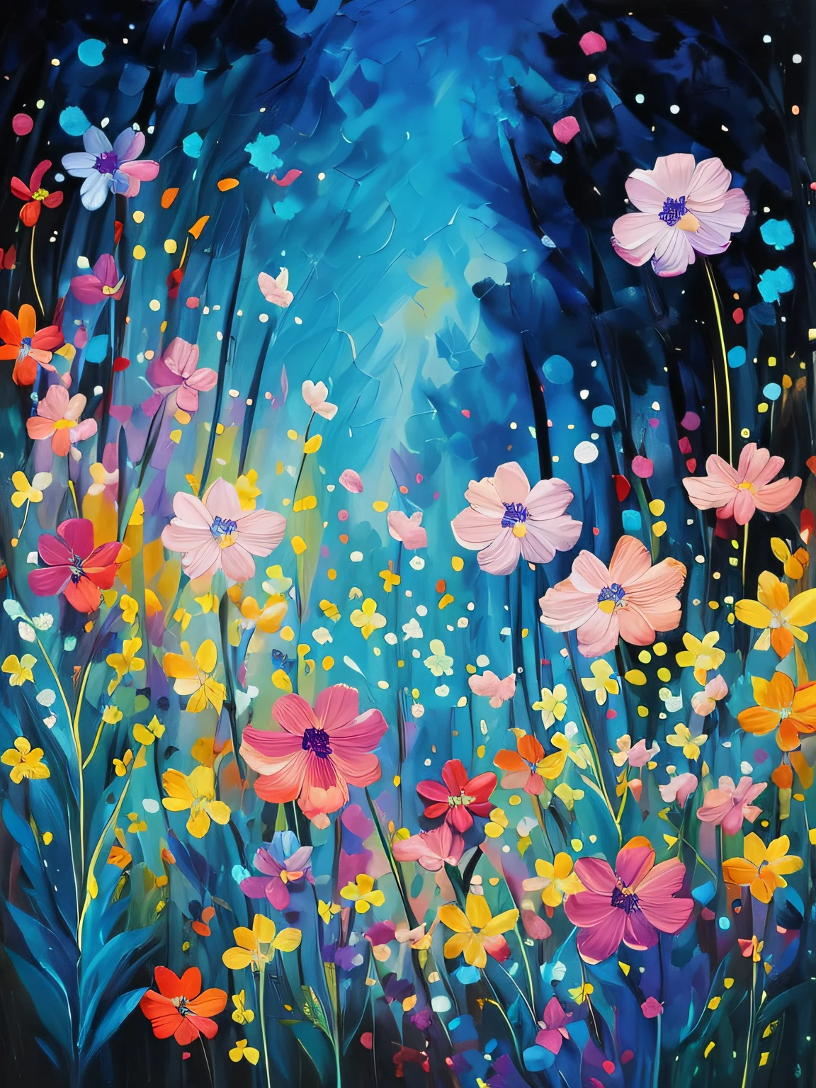 A painting of a field of flowers with a blue sky in the background ...