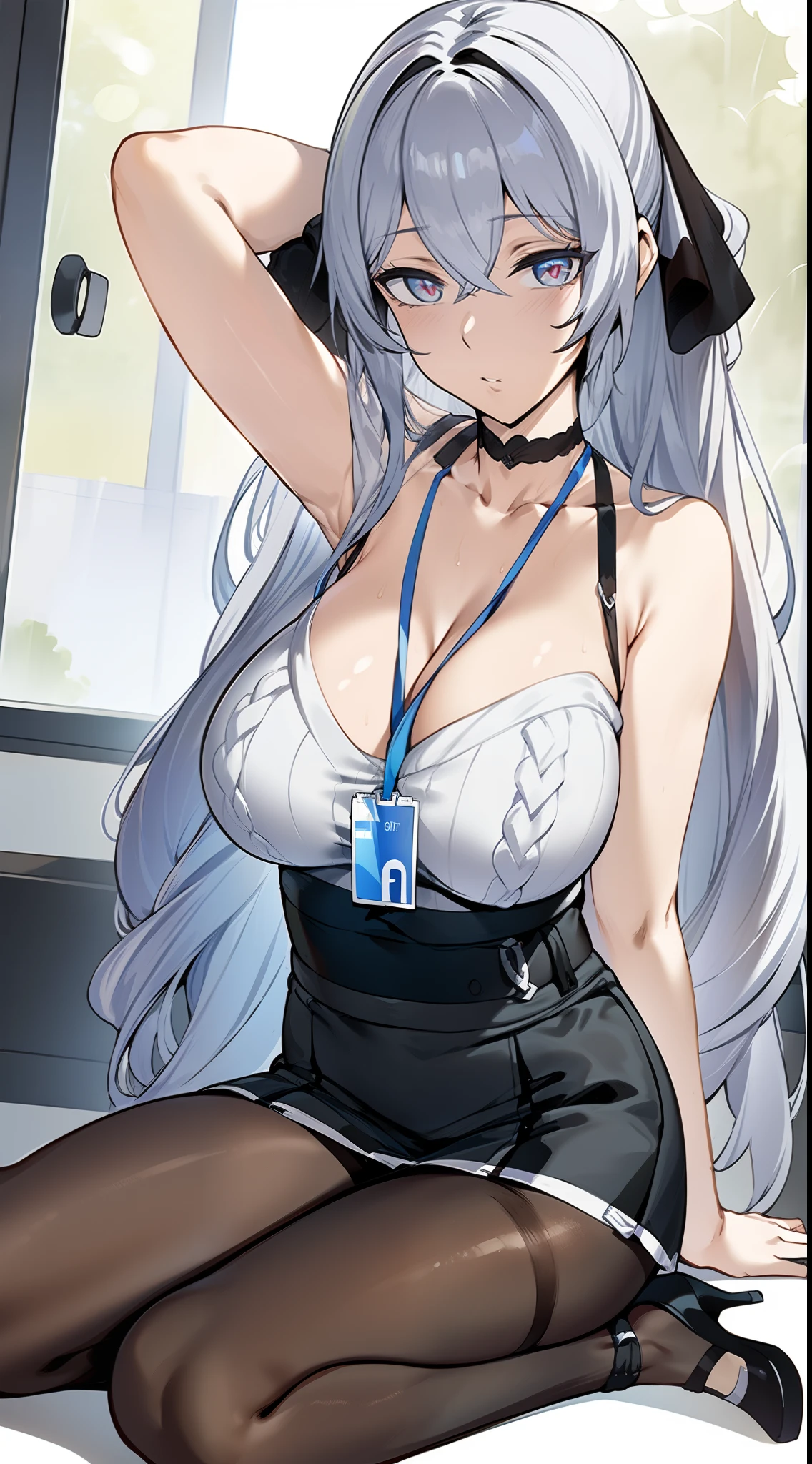 2D, HD, Detailed details, top-quality, ultra-detailed, Highly detailed, masterpiece, best quality, high res, solo, 1girl, bronya-OL2, solo, thighband pantyhose, id card, full body, high heels, high-waist skirt, ribbed sweater, office, indoors, depth of field, looking at the viewer, anime-styled, (large breasts), expressionless, close mouth, shiny skin, ((hand over head)), bare_shoulders, sitting, armpit, gray hair, arms_up,