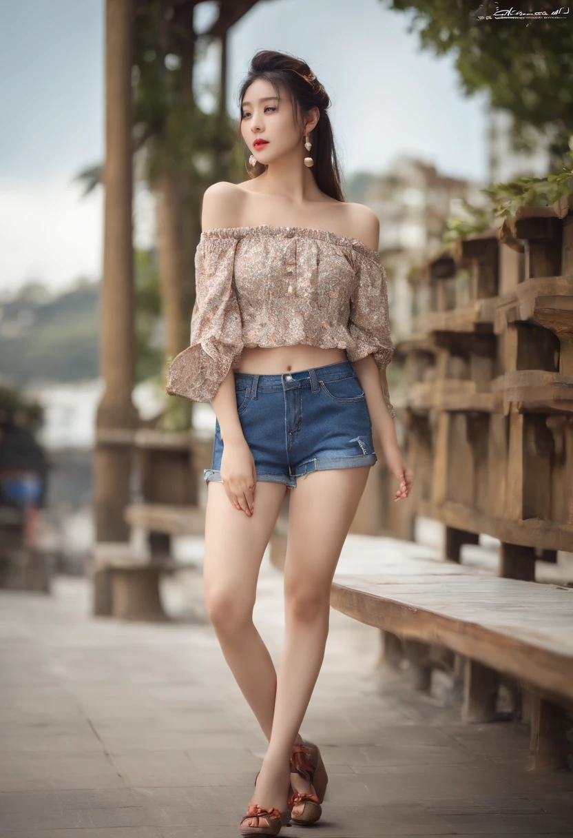 selphie、Twin-tailed、Denim Damage Shorts、Navel dashi、Off-shoulder、huge tit、short stature