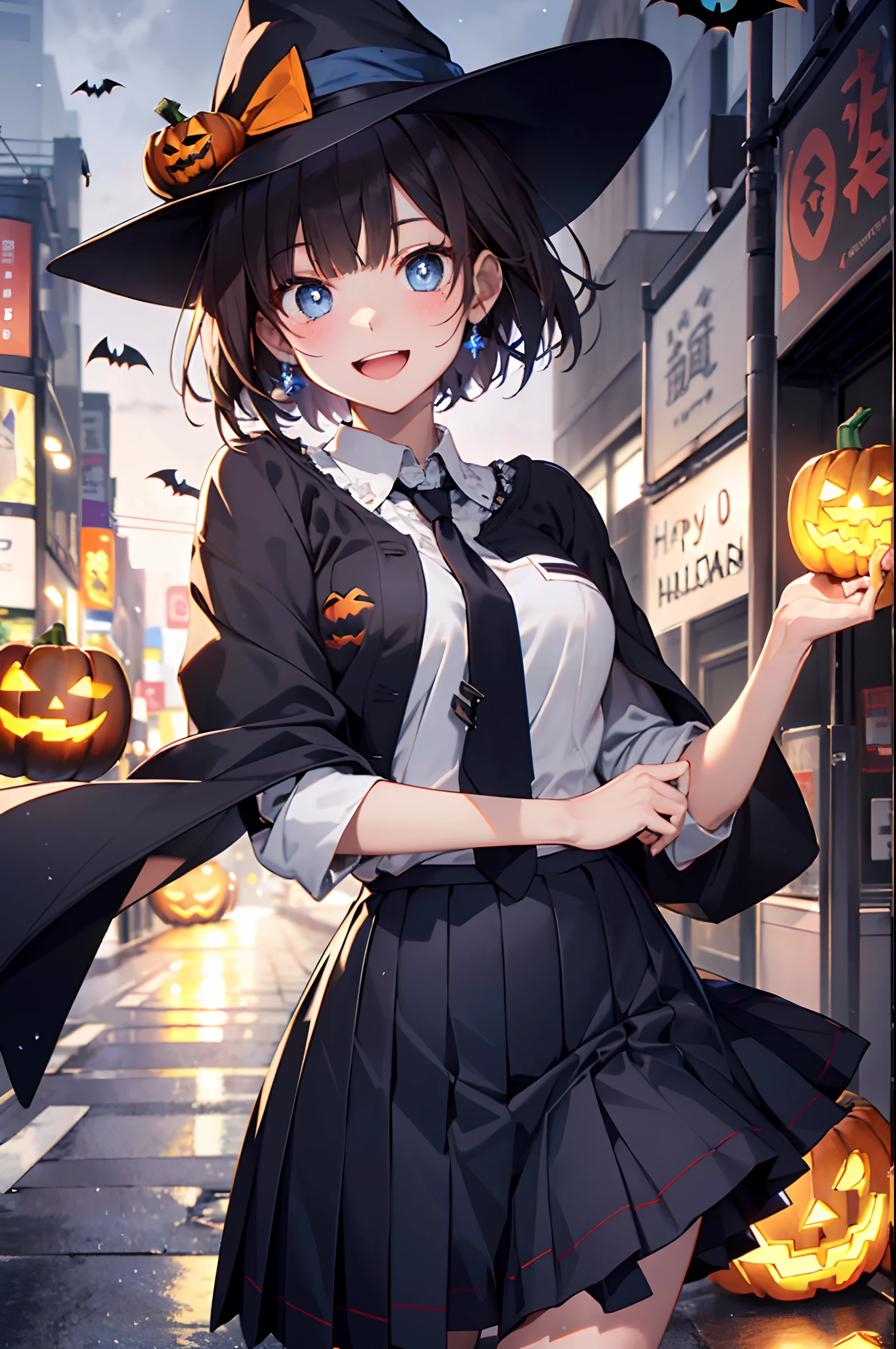 (top-quality、in 8K、32K、masterpiece、nffsw、超A high resolution、Impresionismo、Photorealsitic:1.2)、cowboy shot、foco nítido、detailed faces and eyes、(Tokyo at night、Halloween Decorations、Ghost pumpkin:1.2)、Sharp pupils、Realistic pupils、beauitful face、blurry backround、18 year old beautiful girl、shinny skin、Bery short hair、Beautiful dark brown hair、Blunt bangs、Dark blue eyes、Wizard Hat、cloaks、Shirt、neck tie、Plaid miniskirt、Black socks、(Have a skirt、Lifting skirt:1.3)、(Happy expression on face:1.2)、
