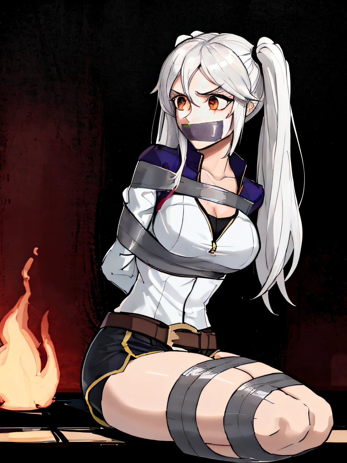 (absurdres, 8k, 4k, masterpiece, hyper extreme detailed:1.2), solo, 1girl, side view portrait, best quality, expressive eyes, perfect face, 1girl, portrait, solo, Female, mature female, adult, robin fe, fire emblem, woman, robin, fire emblem awakening, perfect anatomy, half body, graphic t-shirt, shorts, jacket, cowboy shot, bound, bondage, (arms behind back:1.4), bdsm, tape gag, tape, tape bondage, restrained, tape wrapped, wrap gag, bondage, taped wrists, taped breasts, taped mouth, taped elbows, taped forearms, sitting down, 1girl, taped thighs, taped ankles, tape gagged, wrap gag, white hair, twin tails, medium hair, brown eyes, concerned, annoyed, black shirt, pale skin, large bust, panythose, shocked, nervous, perfect eyes,