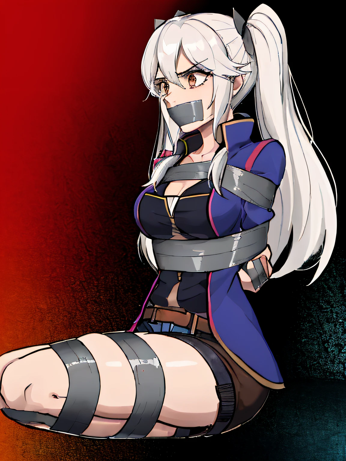 (absurdres, 8k, 4k, masterpiece, hyper extreme detailed:1.2), solo, 1girl, side view portrait, best quality, expressive eyes, perfect face, 1girl, portrait, solo, Female, mature female, adult, robin fe, fire emblem, woman, robin, fire emblem awakening, perfect anatomy, half body, graphic t-shirt, shorts, jacket, cowboy shot, bound, bondage, (arms behind back:1.4), bdsm, tape gag, tape, tape bondage, restrained, tape wrapped, wrap gag, bondage, taped wrists, taped breasts, taped mouth, taped elbows, taped forearms, sitting down, 1girl, taped thighs, taped ankles, tape gagged, wrap gag, white hair, twin tails, medium hair, brown eyes, concerned, annoyed, black shirt, pale skin, large bust, panythose, shocked, nervous, perfect eyes,
