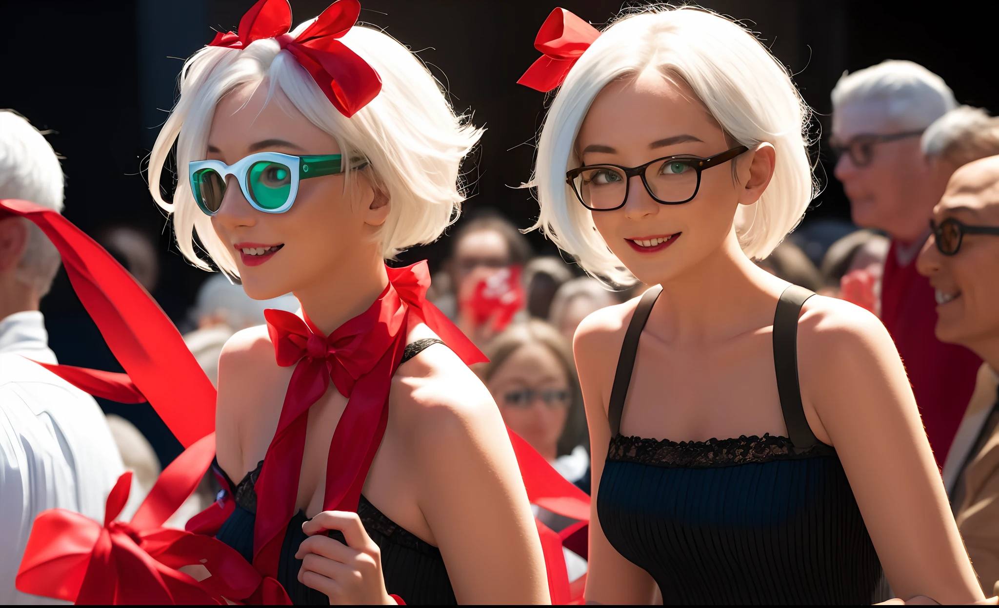Curvy girl with white hair tradegy theatre mask and red ribbons wrapped around her body