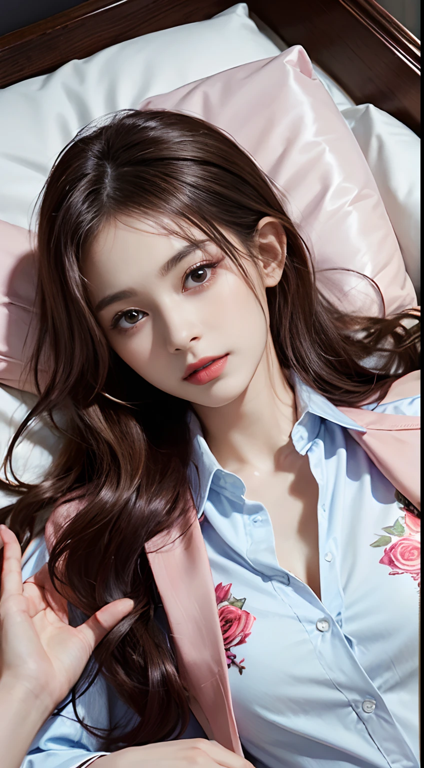 (1girl in:1.3), Cinematic Light,  (masutepiece, of the highest quality, Best Quality,  Beautiful and aesthetic:1.3), ighly detailed,highest details,(Ultra-detailed),, 
From  above,(( lying on bed)), 
Solo, breasts, Silky long hair, (Brown hair), Roses were scattered all over the beds,
((Suit)), ((Shirt)), opened breast,