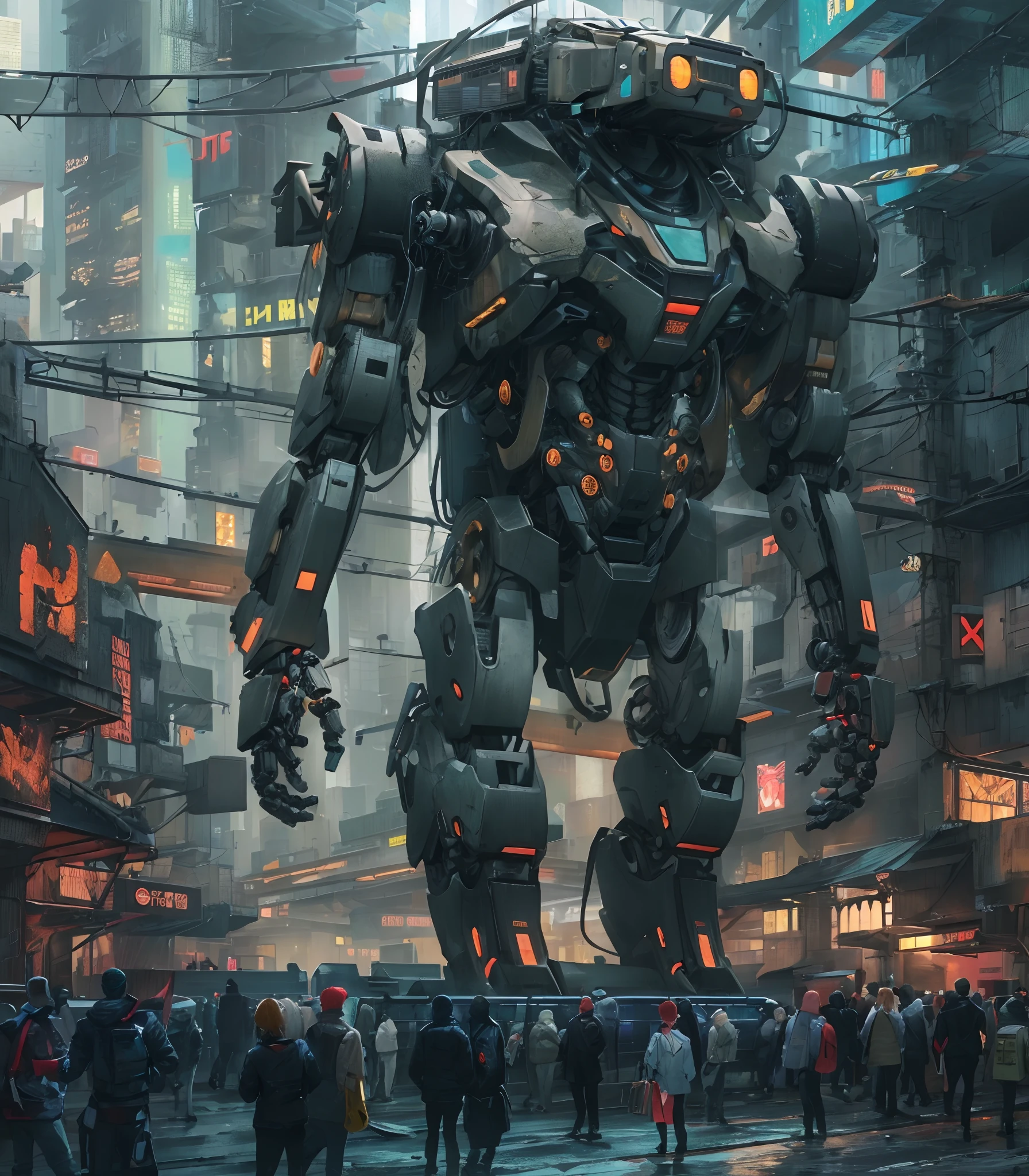 Strange and huge robots, ((Cyborg)), mechanical high-rise buildings, robots, cars, crowds, mechanical, (irregular buildings), machinery, (cyberpunk), (suspended trains), drones, Realistic lighting, (Abyss) masterpiece, high quality, beautiful graphics, high details,
