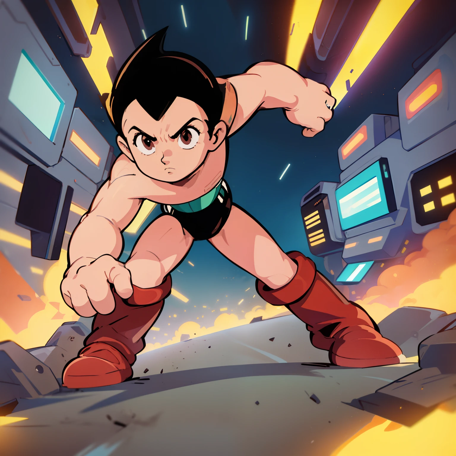 ((masterpiece, best quality)),(complex light),solo,solo focus,1boy,astro boy,black hair, brown eyes,red boots, running down futuristic city