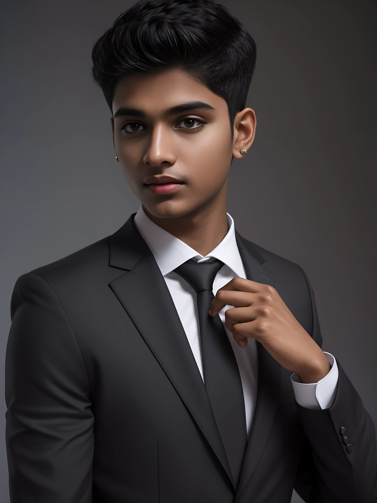 A indian teenager in black suit make it realistic,4k