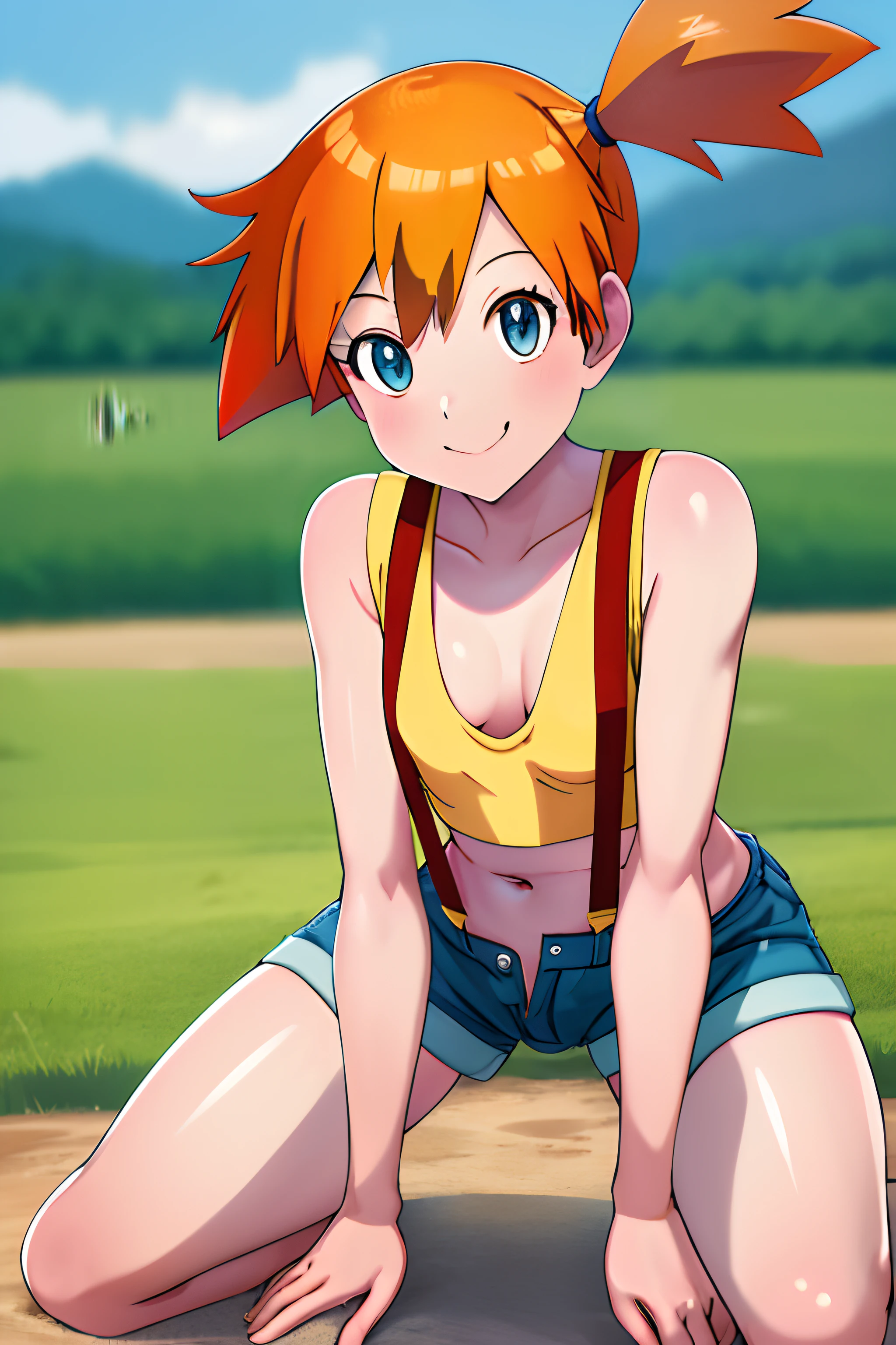 masterpiece, best quality, highres, 1girl, misty (pokemon), orange hair, solo, shorts, suspenders, side ponytail, orange hair, midriff, yellow crop top, navel, short hair, denim, denim shorts,, smile, cowboy shot, outdoors, small breasts, Externally expanded Chest, ((((on all fours)))), ((downblouse))