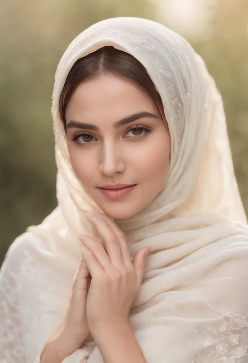 (Realstic:1.3), Insane detailed, quality, (Masterpiece:1.2), (photoreallistic:1.2), (Best quality), (detailed skin:1.3), (Intricate details), Ray Tracing, ((demi-corps)), (((1fille))), (((1 personne))), 16 ans, le hijab, huge breasts, Curvy Body, cul dodu, Le, sexy, sourire, Sourire mignon, robe, le hijab, (Habillez-vous avec le le hijab), nu, Visage africain, Hijab blanc, nature, (blurred background)