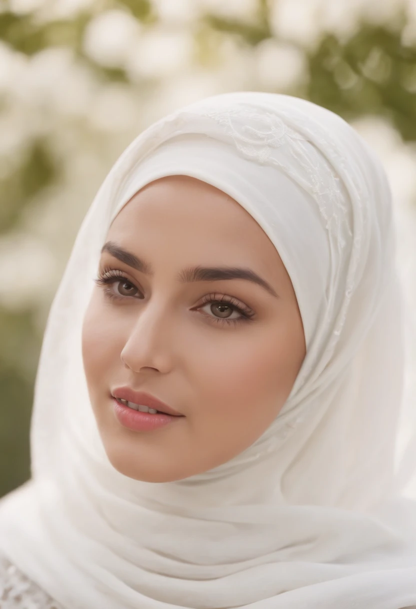 A beautiful girl wearing a white hijab on a sunny day,