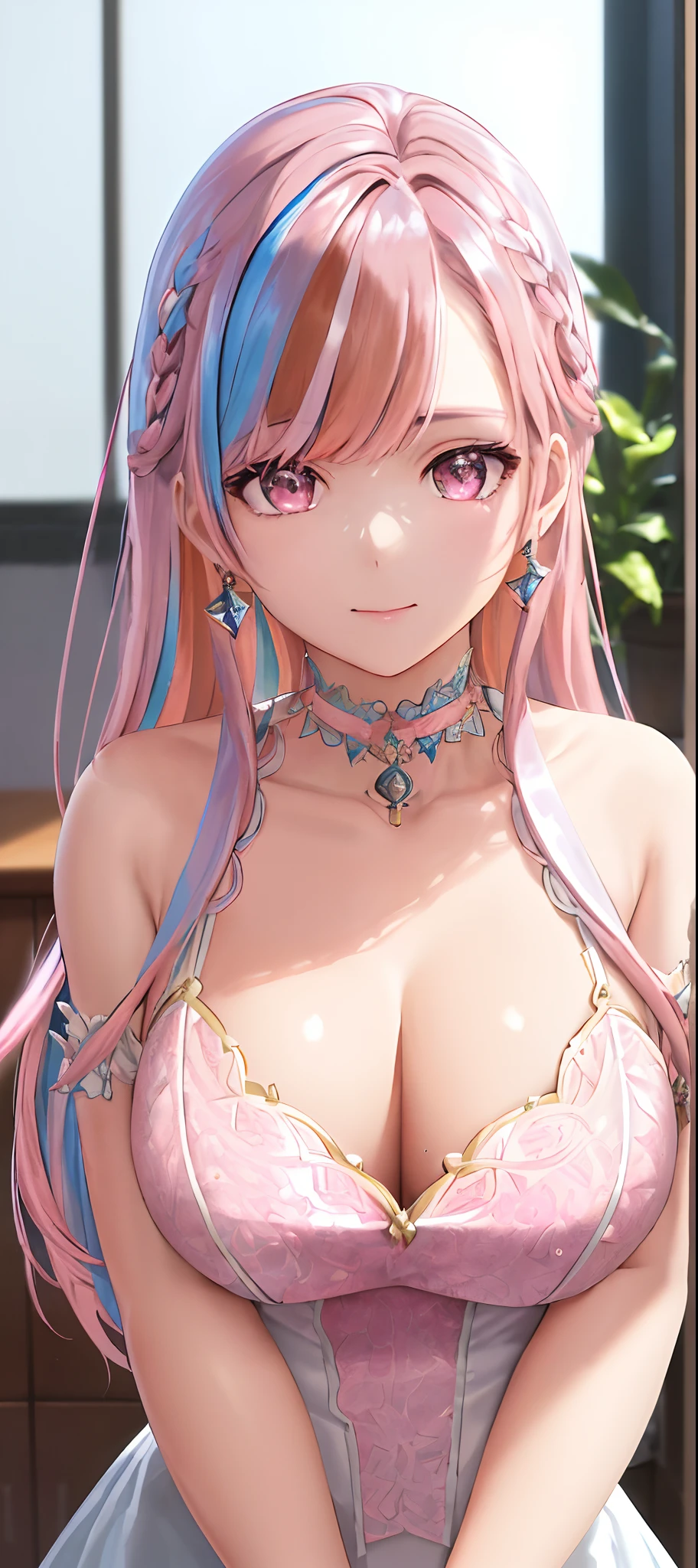 ((masterpiece)), breasts, looking_at_viewer, short hair, (multicolored_eyes:1.5), (pink hair:1.8), bangs, blue_eyes, ((light_smile)), (long locks:1.4), (ribbon earrings) , masterpiece, best quality, high quality, absurd, shiny skin, colorful, dynamic pose, stunning art, best quality, hyper detailed, dynamic angle, beatlful detailed, reflective hair, good lighting, ray tracing, depth of field, ultra -detailed, illustration, amazing, fine detail, extremely detailed, ((ultra-detailed)), (beautiful girl detailed), beautiful detailed shine, intricate detail, highres, an extremely delicate and beautiful, beautiful detailed eyes, realistic, HDR, round eyes, detailed facial features, (illustration), (beautiful detailed eyes), ((very detailed face)), depth_of_field, eyebrows_visible_through_hair, ruffles, looking_at_viewer, (upper body: 1.4), clothes reflecting light, (diffraction of light on skin: 1.35), (shiny skin: 1.55), (Iridescence Effect: 1.55), clavicle, white_shirt, long_sleeves, choker, flower, camera, (indoor, potted plant: 1.5), critical angle,