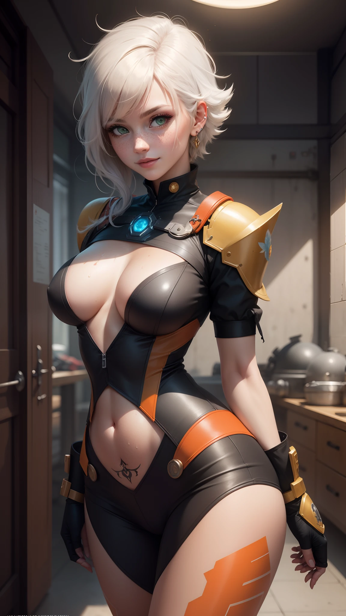 gwen tennyson,y'shtola rhul,tracer,yorha 2b,1girl,atelier ryza,overwatch,close up,mecha pilot,mountain view,tattoos, red and orange plugsuit,white short sleeve silk top,light gray cargo pants, uncovered belly,short hair,cute makeup, green eyes,dimensional golden hair,shy smile, freckles,beautiful girl,large breasts, ultra detailed,realistic,fantasy art,saiyan armor,monkey tail,steel armor,capsule corp,military uniform,ear piercings,hair pin,wet body,saiyan uniform,