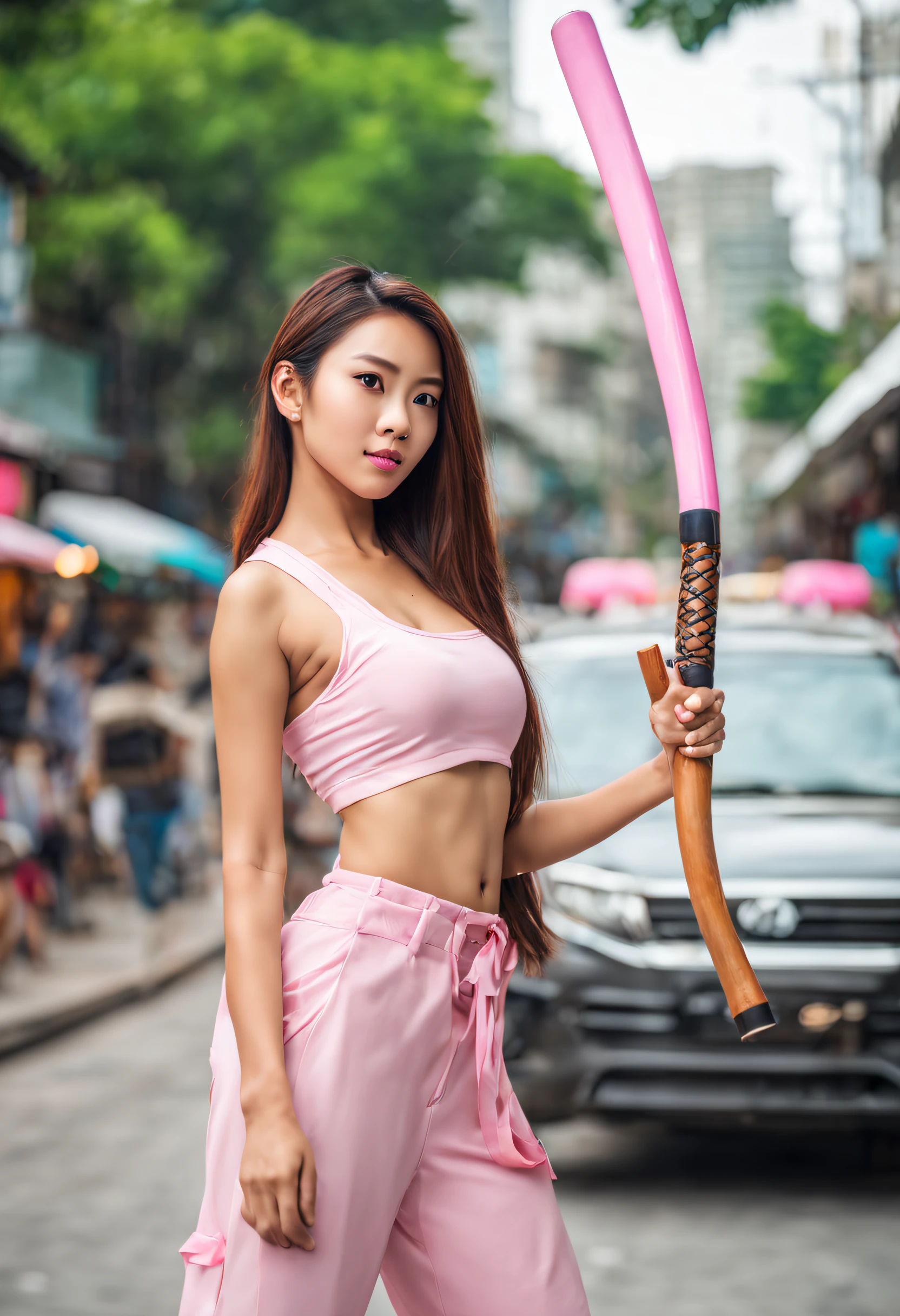 an adult photo model girl on the Thailand main street with brown skin, brown hair, wearing pink Huddie, 20deg side view, portrait, bokken, very high quality, master pieces, 4k ultra quality