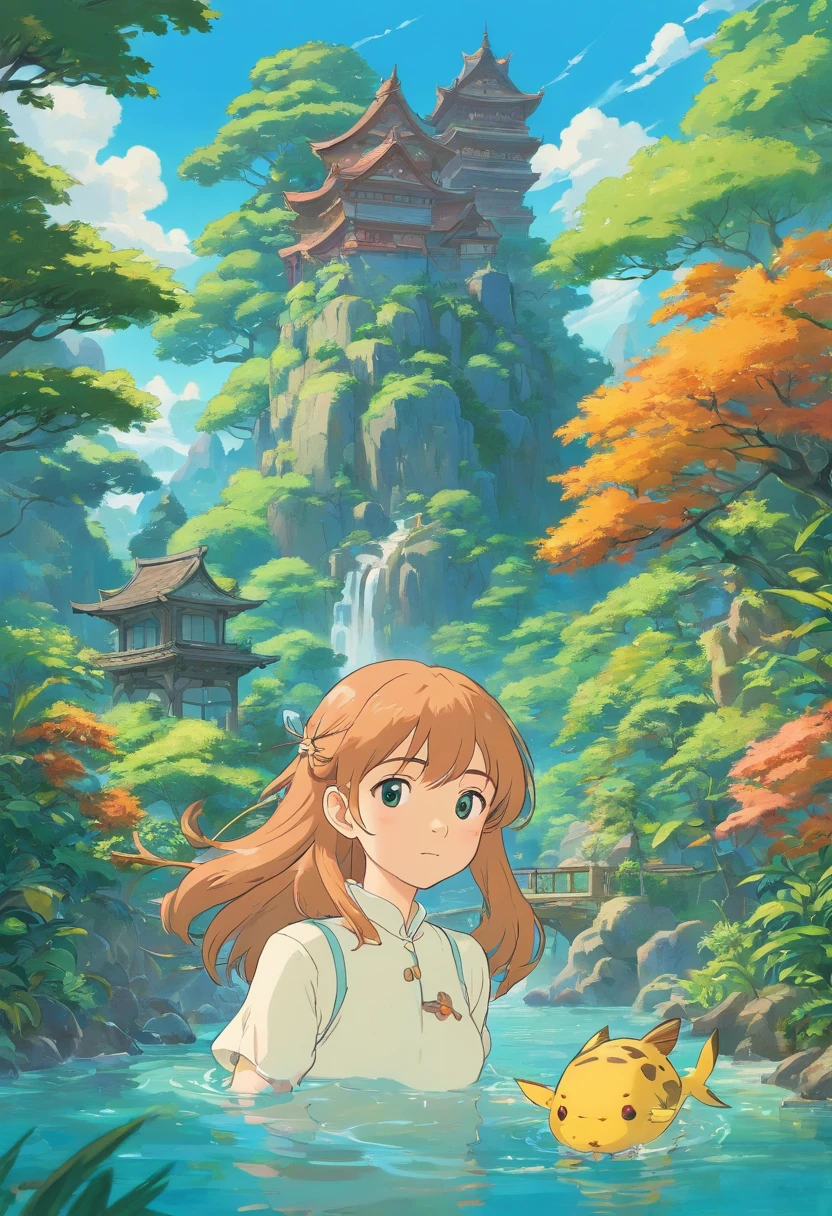 inthe style of tranquil gardenscapes, colorful animation stills, Masami Teraoka, aquamarine, Paul Gauguin, Amber style, Honest portrayal