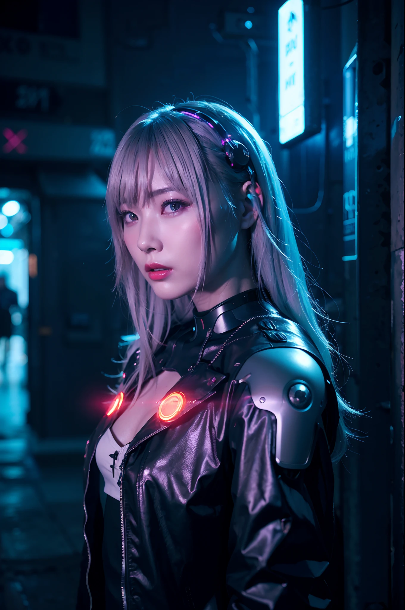 ((masutepiece)), ((Best Quality)), (Ultra-detailed), ((Extremely detailed)), 4K, (8K), Best Quality, (Beautiful), Gradation, One Woman,robot suit,Neon suit,Cute face,Big eyes,Cool Face,bobhair,Beautiful silver hair,Looking at Viewer,plein air,Night,Ruins,Neon Town,Neon light,masutepiece, extremely fine and beautiful,Photorealistic,Japanese,fullllbody