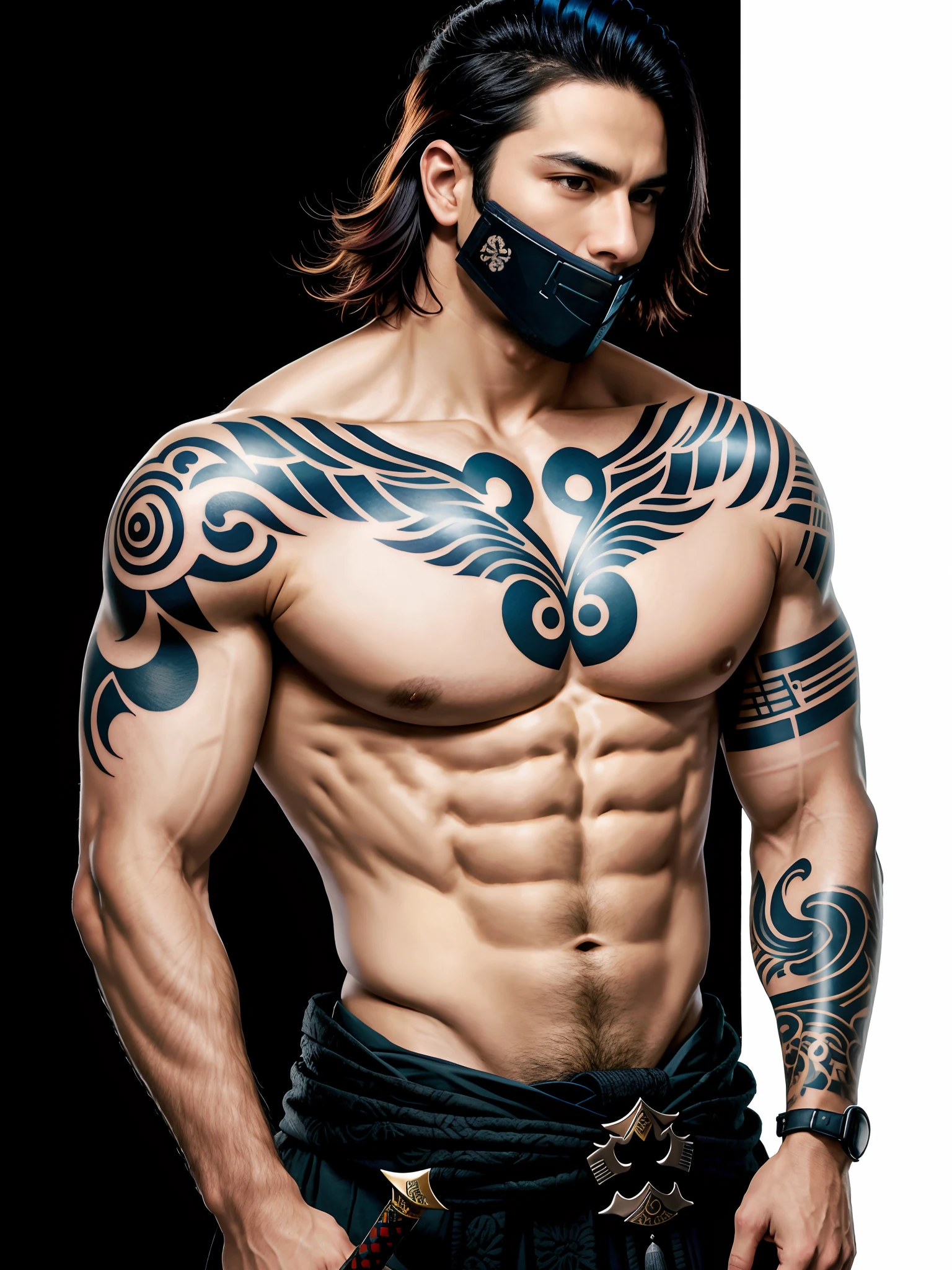 A person wears a face shield（Para cobrir seu rosto），With a dagger in his hand，Handsome，rogue，Sense of oppression，Full body photo，Don't take a headshot，Ronin samurai hairstyle，short detailed hair，Hair color is white，Upper body nudity，Tattooed with，Muscular，rule 34