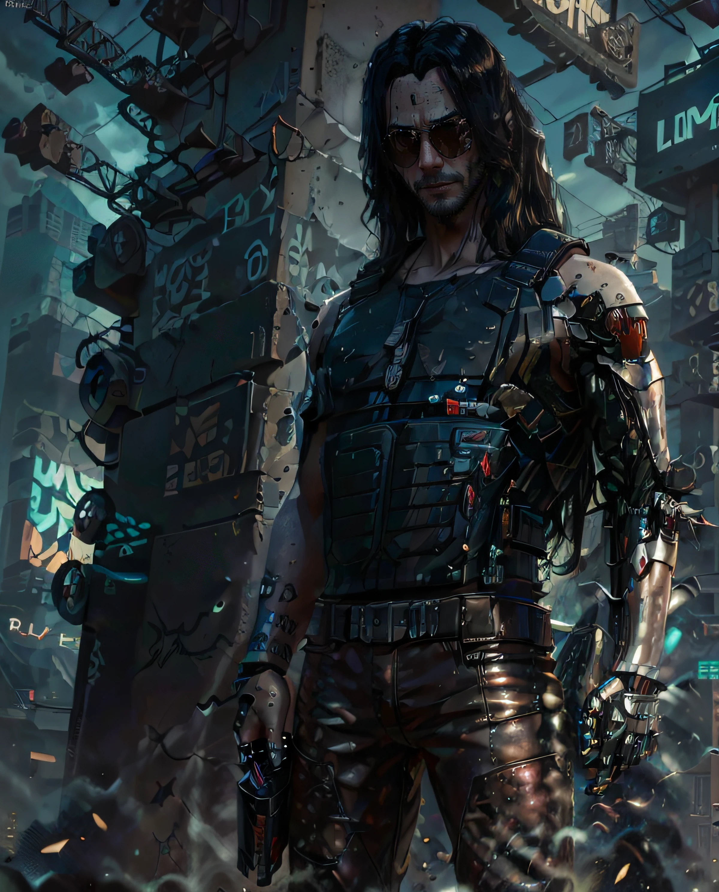 1man, Sunglasses, (JohnnySilver), (Best Quality, 8k, Masterpiece: 1.3), perfect hands, Clear Focus: 1.2, (black long hair), standing, dynamic pose, in a futuristic city illuminated by neon lights, cyberpunk