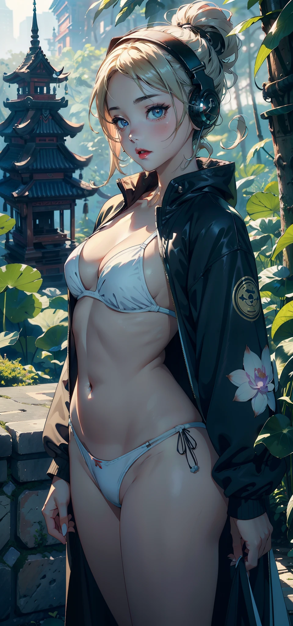 1female,Small , 独奏,(Background with:,pyramid,the rainforest,lotus flower) She has short blonde hair,bobo head,,seen from the front, standing in forest, mostly cloudy sky,(((tmasterpiece),(Very detailed CG unity 8K wallpaper),best qualtiy,cinmatic lighting,detailed back ground,beatiful detailed eyes,Bright pupils,Black eyes,Snow-whiteskin,Redlip(Very fine and beautiful),(Beautiful and detailed eye description),ultra - detailed,tmasterpiece,))facing at camera,A high resolution,ultra - detailed),revealing breasts,Bare genitalia, Bulge,legs are open,Raised sexy,Camel toes,Flushed complexion,Desire for dissatisfaction,frontage,(Wearing:,headset on head,Green baseball jacket)