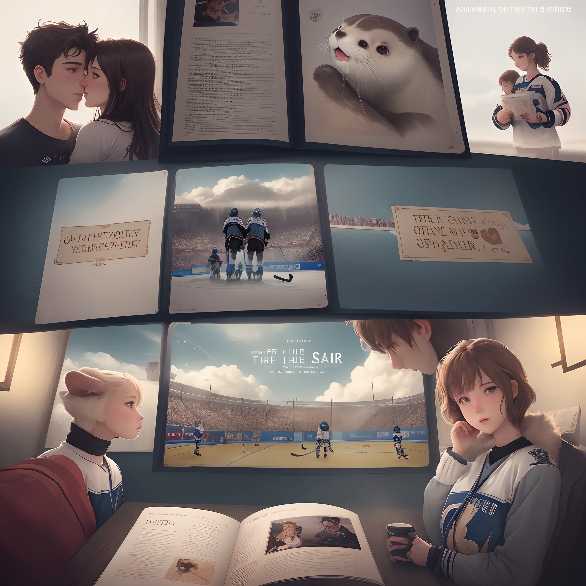 For a book titled "Falling for the Otter," you could consider a cover design featuring a blend of romantic and hockey-themed elements. Here's a description of a concept you might use:
Background: A vibrant, eye-catching backdrop could be an image of an ice hockey rink, with a subtle touch of romantic hues to symbolize the love story within.
Title: The title "Falling for the Otter" can be prominently displayed in a stylish, bold, and legible font. You might use a mix of colors that reflect both the intensity of the hockey game and the passion of the romance.
Characters: Consider featuring artistic illustrations or silhouettes of the main characters, Maggie, Milo, and Leroy. Their presence on the cover can give readers a visual representation of the love triangle.
Hockey Elements: To tie in the hockey theme, you could include elements like a hockey puck, hockey sticks, or even an Otters' team logo subtly in the background.
Romantic Details: To convey the romance, incorporate subtle symbols like intertwined hearts or a touch of misty, dreamy effects around the characters.
Author's Name: Place the author's name, likely in a smaller font, at the top or bottom of the cover for recognition.