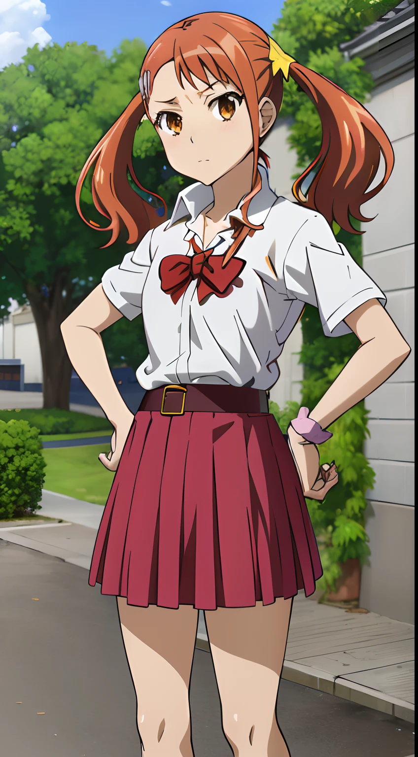 ​masterpiece, top-quality, Hi-Res, 1girl in, Anime style, Naruko Anjo, hair clips,, student clothes, Rolled up sleeves, wrist scrunchie, a belt, white  shirt, a red skirt, sockes, (Twin-tailed:1.3), is standing, plein air, put hands on the hip