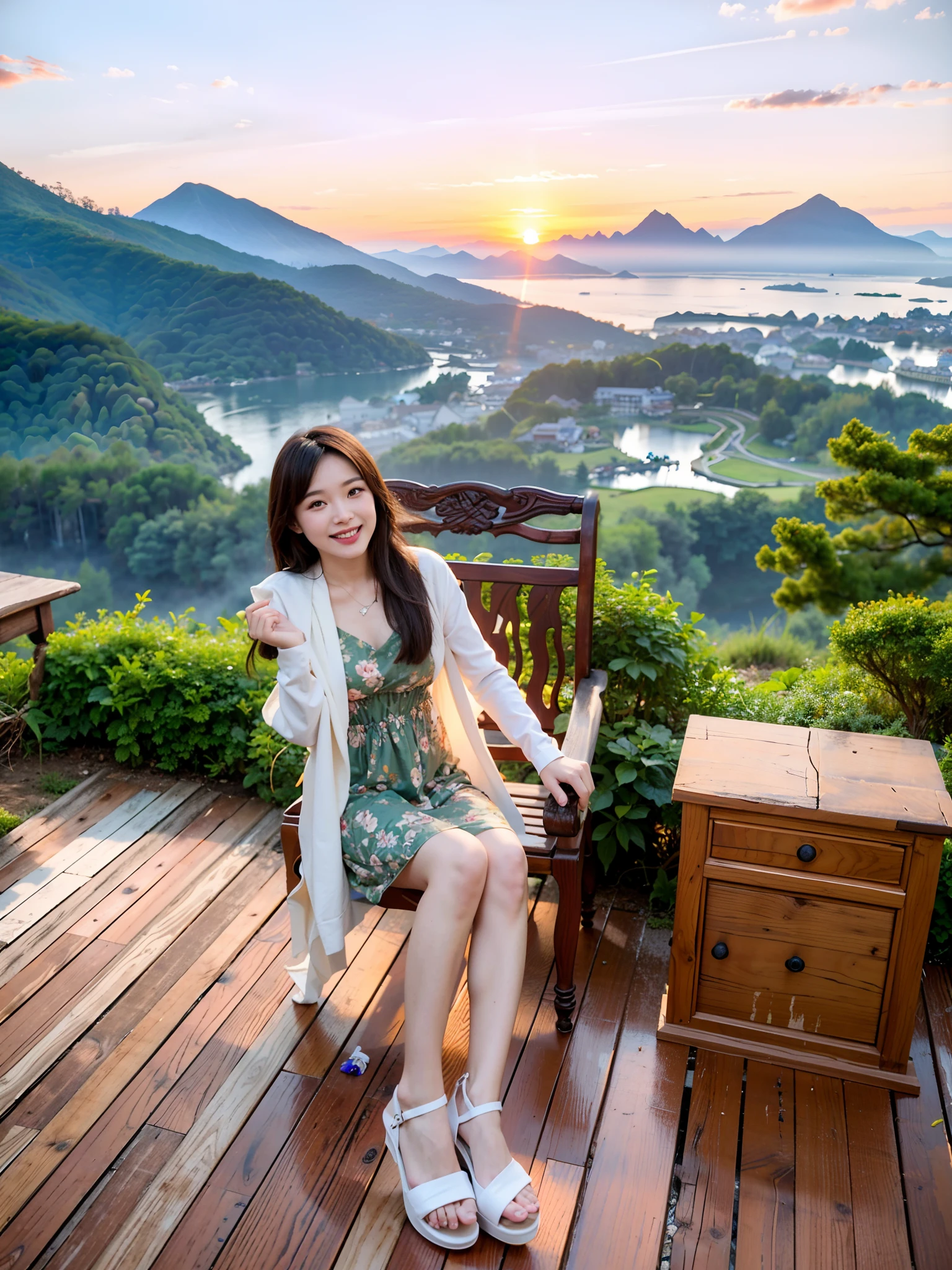 there is a woman sitting on a wooden bench on a deck, sitting cutely on a mountain, with mountains in the background, dang my linh, with mountains in background, mai anh tran, like jiufen, at the terrace, with a city in the background, in mountains, paradise in the background, vacation photo, moutain in background, sunset lighting, shadows, high dynamic range,masterpiece,best quality,(8k, RAW photo:1.2),(( ultra realistic)),