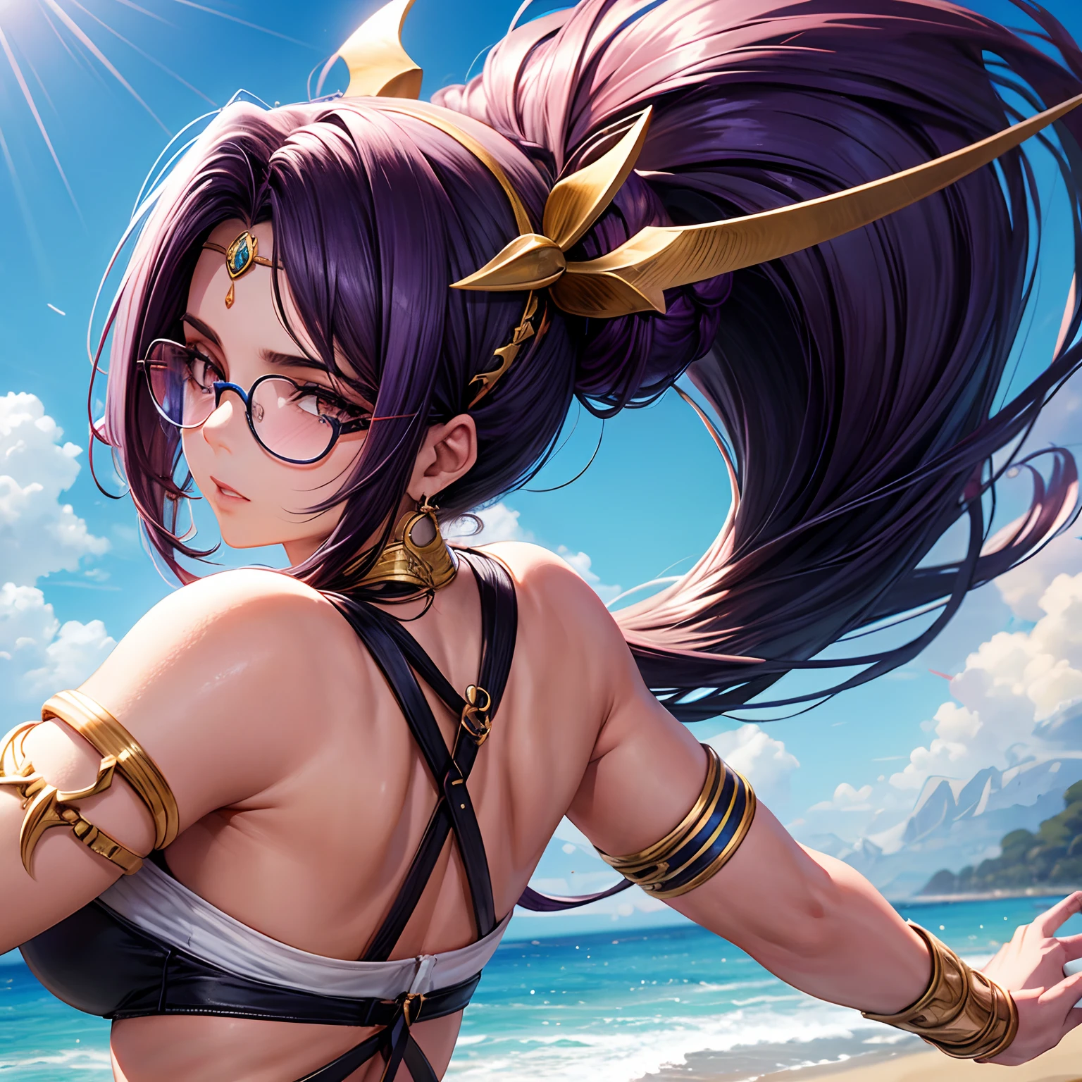 Mulher de cabelo curto e roxo, pele branca, Round Eyewear, com pouca roupa, seios grandes, coxas grandes, anime, 4k