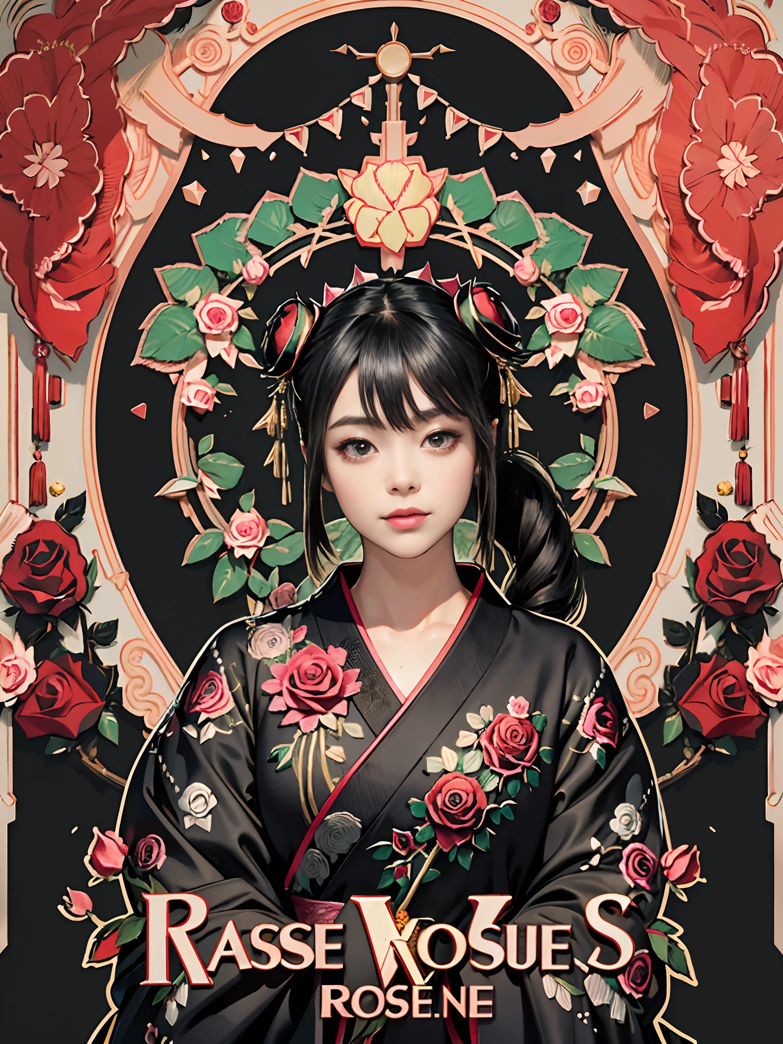 rokoko:1.5,Background of details(Japanese garden(rose:1.5)),BREAK ,elaborate costume(Luxury kimono(Black kimono(detailed embroidery(Black rose embroidery:1.2)))),BREAK,1 Beautiful and classy adult woman(Japanese actressl:1.2)(shinny hair(A black,verdant),(poneyTail:1.2))(Arms outstretched),BREAK,Wallpapers 16K,Blur the background,(masutepiece:1.5), (Best Quality:1.5),(Portrait photos:1.5),(full body Esbian:1.5)