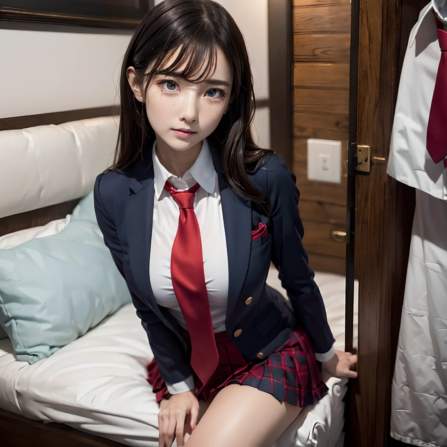 masutepiece, 8K, top-quality, ​masterpiece, 超A high resolution, (Photorealsitic:1.4), Perfect dynamic composition, Highly detailed skin and eye and face texture:1.3, 1girl in, cute sexy high schoolgirl, In the school, tilt the neck, ((I'm crying because I'm glad to see you:1.3)), Fair skin, ((High school girl blazer uniform with red tie:1.2)), Beautiful blue eyes, Eyes that feel beautiful eros, (I like you furiously:1.2, Hold the gift box in front of your chest with both hands:1.2), Sexy face, red blush:1.1, A mouthfeel that feels beautiful eros:1.1, Duck mouth, Open valley:1.1, Well-shaped big, (Too erotic:1.1)