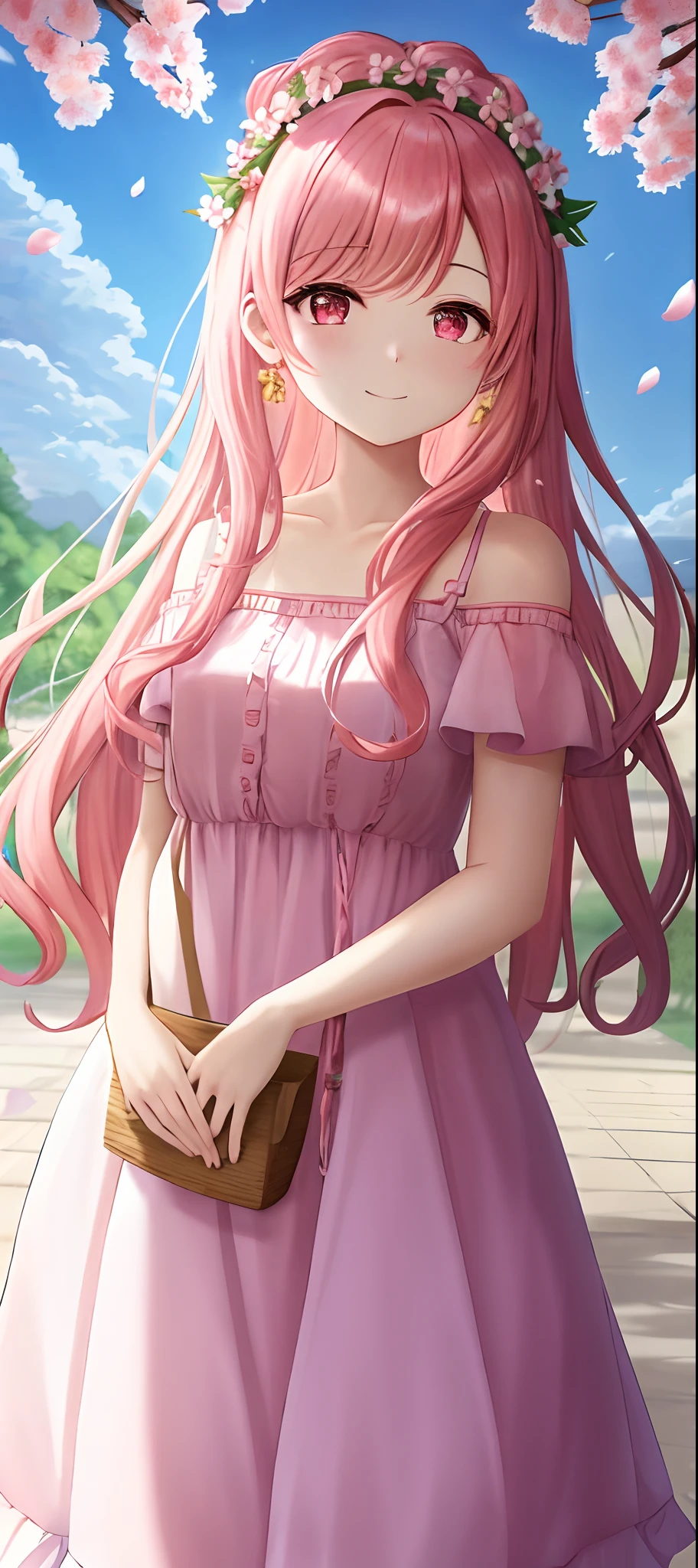 cherry_blossoms, falling_petals, petals, branch, pink_flower, 1girl, 20s, blue_sky, spring_\(season\), petals_on_liquid, flower, hanami, dress, (golden long curly hair: 1.5), wearing flower crown, sky, outdoor, clouds, bangs, smile, pink eyes, white dress with cherry blossoms, bare shoulders, earrings, best quality.  Perfect image.  holding_flower, wind, tree, looking_at_viewer, cowboy shot, detail enhancement.