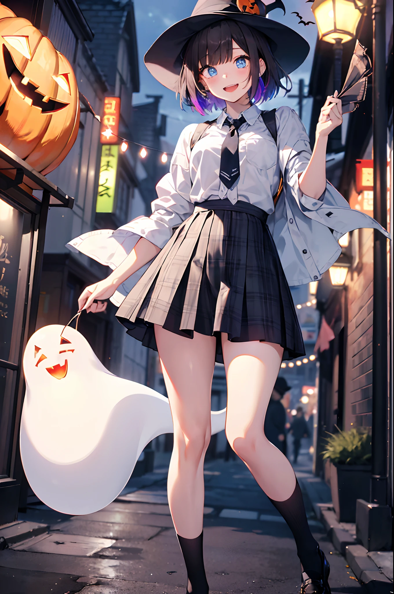 (top-quality、in 8K、32K、masterpiece、nffsw、超A high resolution、Impresionismo、Photorealsitic:1.2)、cowboy shot、foco nítido、detailed faces and eyes、(Tokyo at night、Halloween Decorations、The ghost is flying、Ghost pumpkin、Very colorful、Vivid Color:1.2)、Sharp pupils、Realistic pupils、beauitful face、blurry backround、18 year old beautiful girl、shinny skin、Bery short hair、Beautiful dark brown hair、Blunt bangs、Dark blue eyes、Wizard Hat、cloaks、Shirt、neck tie、Plaid miniskirt、Black socks、(Have a skirt、Lifting skirt:1.3)、(Happy expression on face:1.2)、