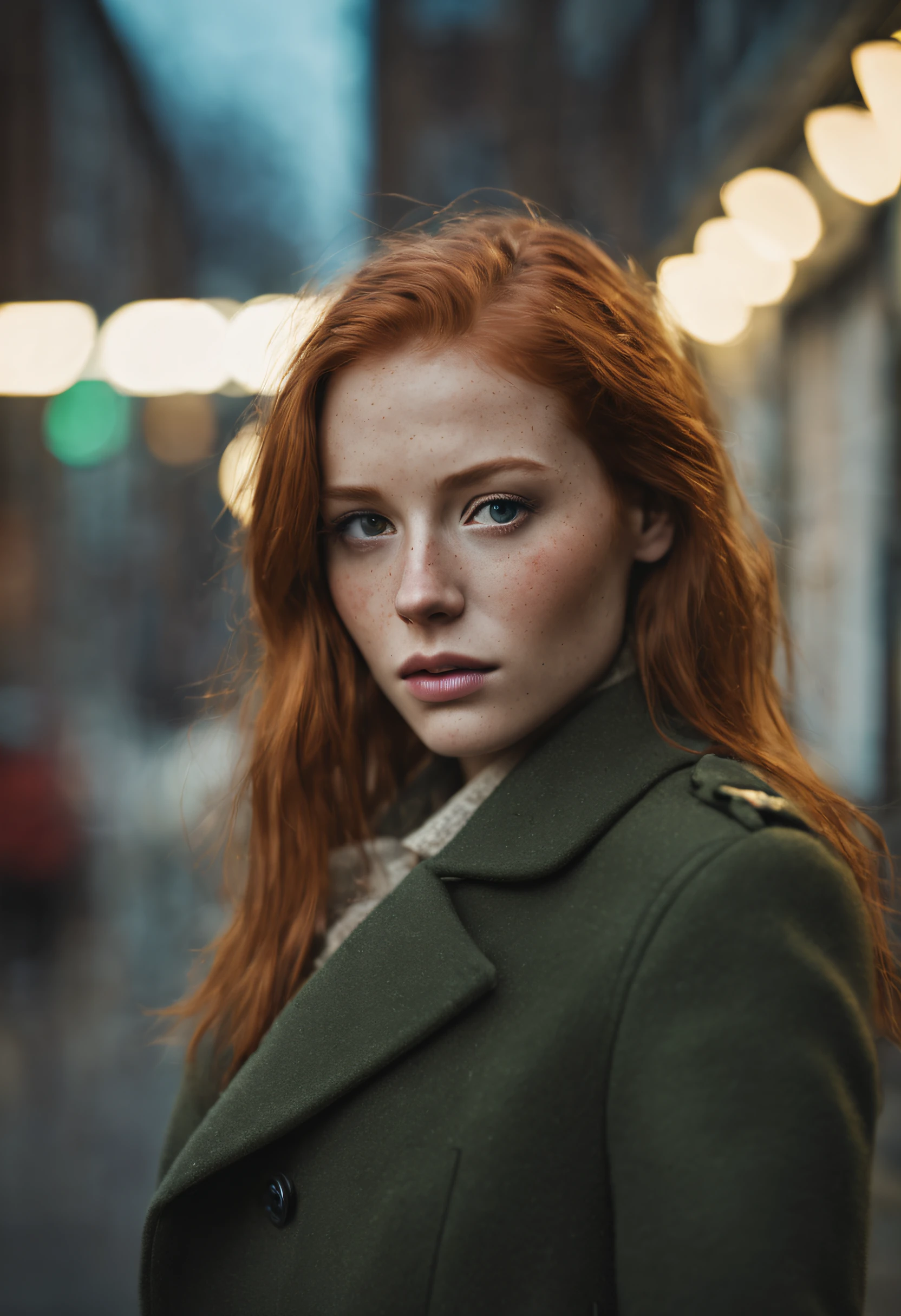 cinematic photo (art by Mathias Goeritz:0.9) , photograph, Lush Girlfriend, Tax collector, Rich ginger hair, Winter, tilt shift, Horror, specular lighting, film grain, Samsung Galaxy, F/5, (cinematic still:1.2), freckles . 35mm photograph, film, bokeh, professional, 4k, highly detailed