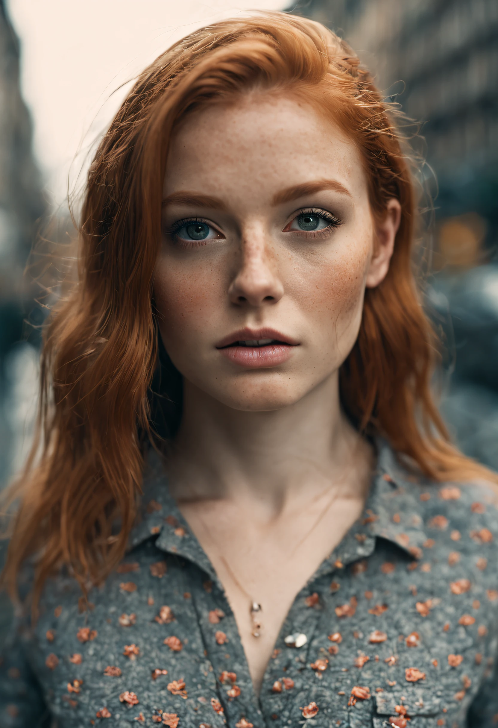 cinematic photo (art by Mathias Goeritz:0.9) , photograph, Lush Girlfriend, Tax collector, Rich ginger hair, Winter, tilt shift, Horror, specular lighting, film grain, Samsung Galaxy, F/5, (cinematic still:1.2), freckles . 35mm photograph, film, bokeh, professional, 4k, highly detailed