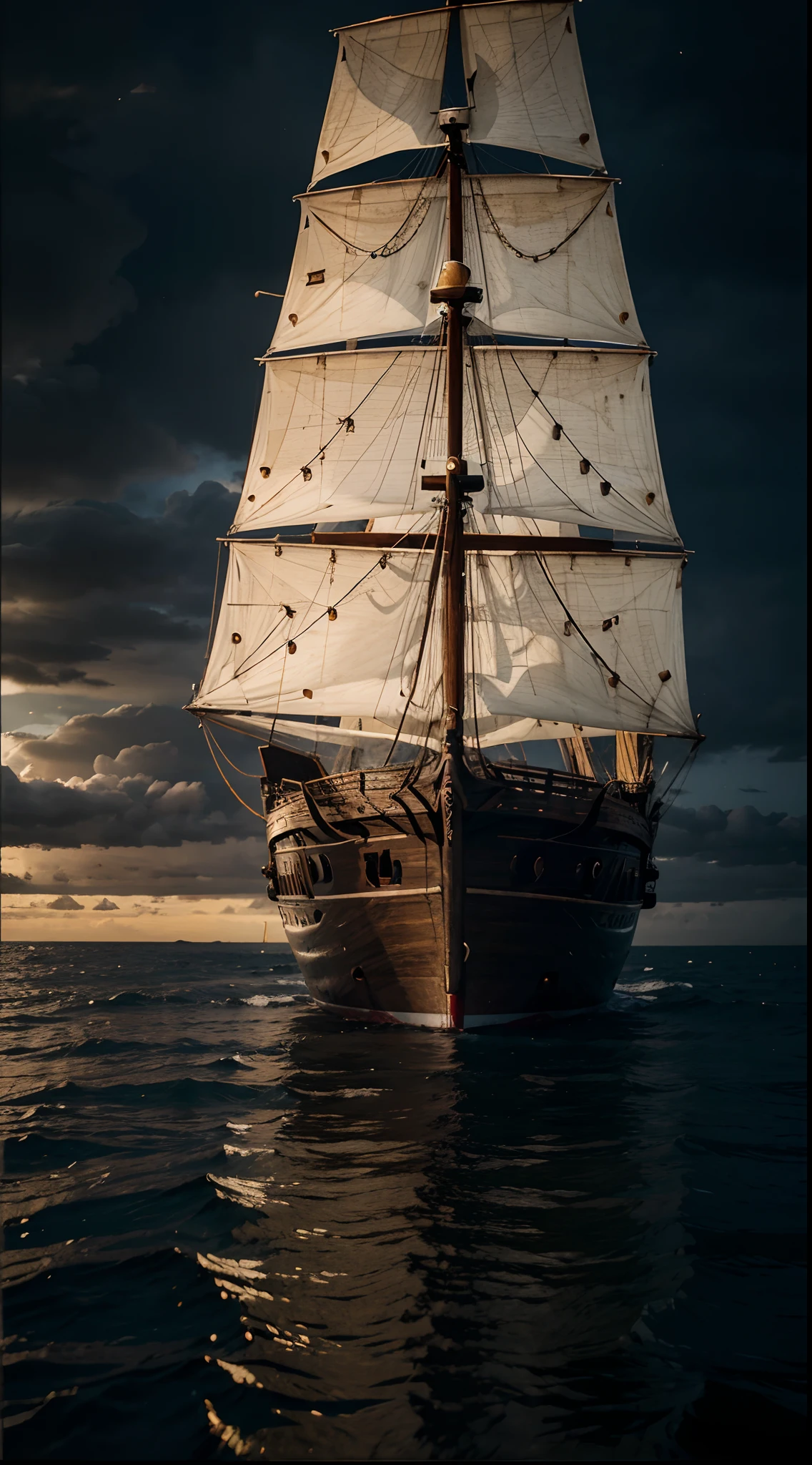 mean, realistic, wooden ship, water, Epic, dark background