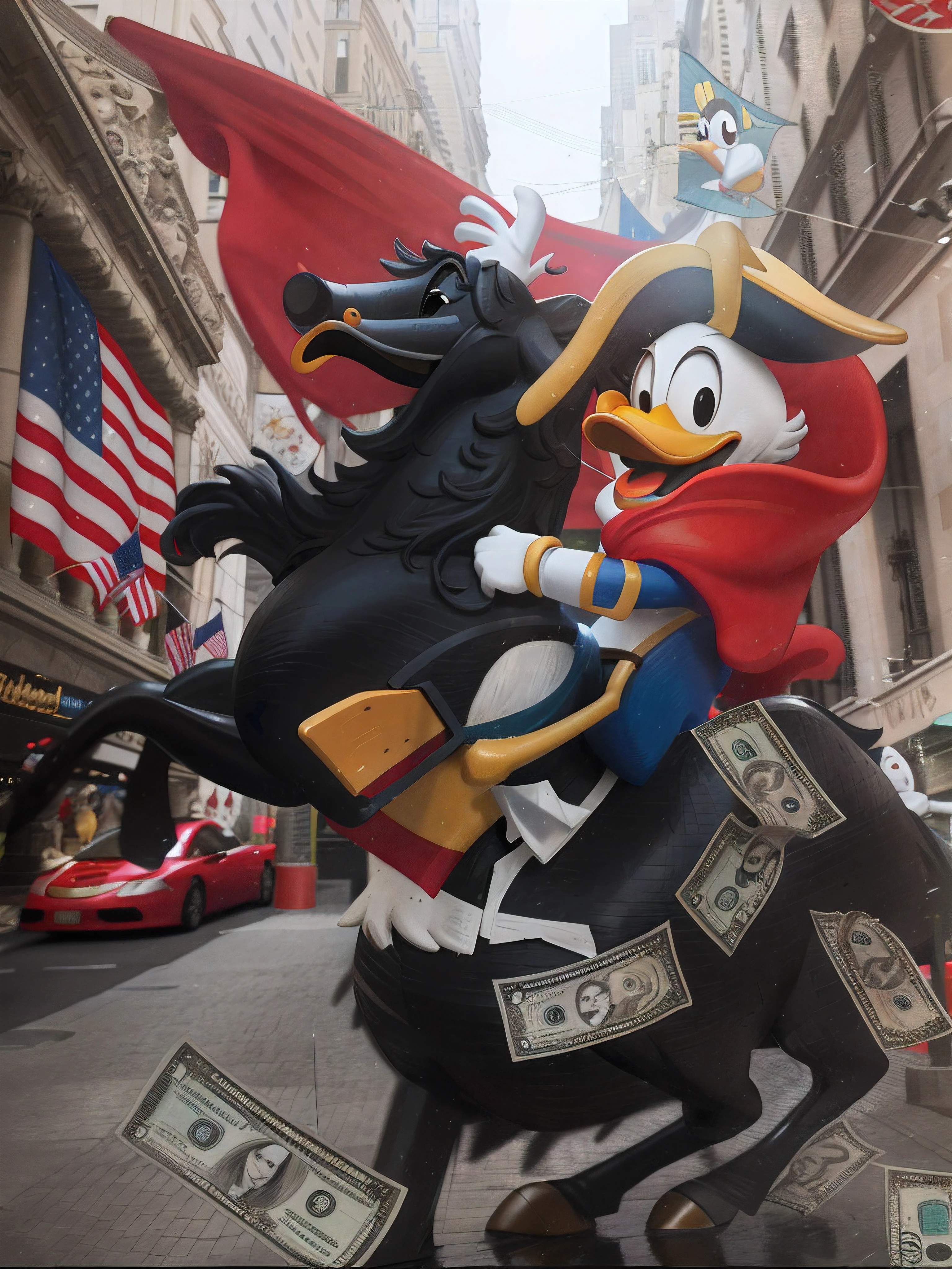 There is a statue of Donald Duck riding a horse with money, Goofy, Dans la Parade Macys, Donald Duck, canard daffy, inspired by Carl Barks, Donald Duck dans la vraie vie, inspired by Jacob Duck, Nouveau, New York, United States-seven. 20, Mario, par Disney, Looney Tunes, Donald Duck: un astronaute  effect peinture monaliza