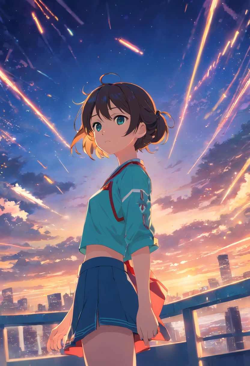 obra-prima, melhor qualidade, filme ainda, 1girl, garota nuvem, floating into the sky, close-up, brilhante, feliz, Soft lighting and Warm, sun sunset, (Sparks: 0,7), bandeira comunista, hatsune miku, foice e martelo, comunismo, hatsune comunista