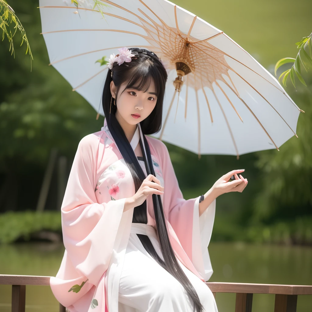 best quality, ultra high res, (photorealistic:1.4), 1girl, 3d, bamboo, black_hair, blue_umbrella, blur_censor, blurry, blurry_background, blurry_foreground, bokeh, branch, chinese_clothes, chromatic_aberration, closed_eyes, concert, cosplay_photo, dandelion, day, depth_of_field, field, film_grain, focused, foliage, garden, grass, hammock, holding, holding_umbrella, hydrangea, japanese_clothes, jungle, kimono, leaf, lily_pad, lips, long_sleeves, motion_blur, oil-paper_umbrella, on_grass, outdoors, palm_leaf, parasol, photo_\(medium\), photo_background, photo_inset, photorealistic, pink_umbrella, plant, pond, potted_plant, rain, rainbow, reference_inset, sitting, tanabata, tanzaku, umbrella, water_drop, white_ribbon, wide_sleeves, wind_chime, wisteria