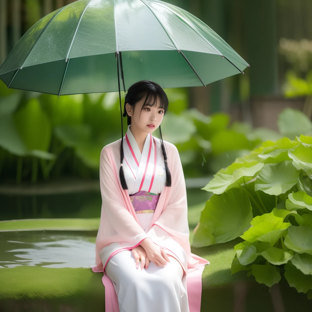 best quality, ultra high res, (photorealistic:1.4), 1girl, 3d, bamboo, black_hair, blue_umbrella, blur_censor, blurry, blurry_background, blurry_foreground, bokeh, branch, chinese_clothes, chromatic_aberration, closed_eyes, concert, cosplay_photo, dandelion, day, depth_of_field, field, film_grain, focused, foliage, garden, grass, hammock, holding, holding_umbrella, hydrangea, japanese_clothes, jungle, kimono, leaf, lily_pad, lips, long_sleeves, motion_blur, oil-paper_umbrella, on_grass, outdoors, palm_leaf, parasol, photo_\(medium\), photo_background, photo_inset, photorealistic, pink_umbrella, plant, pond, potted_plant, rain, rainbow, reference_inset, sitting, tanabata, tanzaku, umbrella, water_drop, white_ribbon, wide_sleeves, wind_chime, wisteria