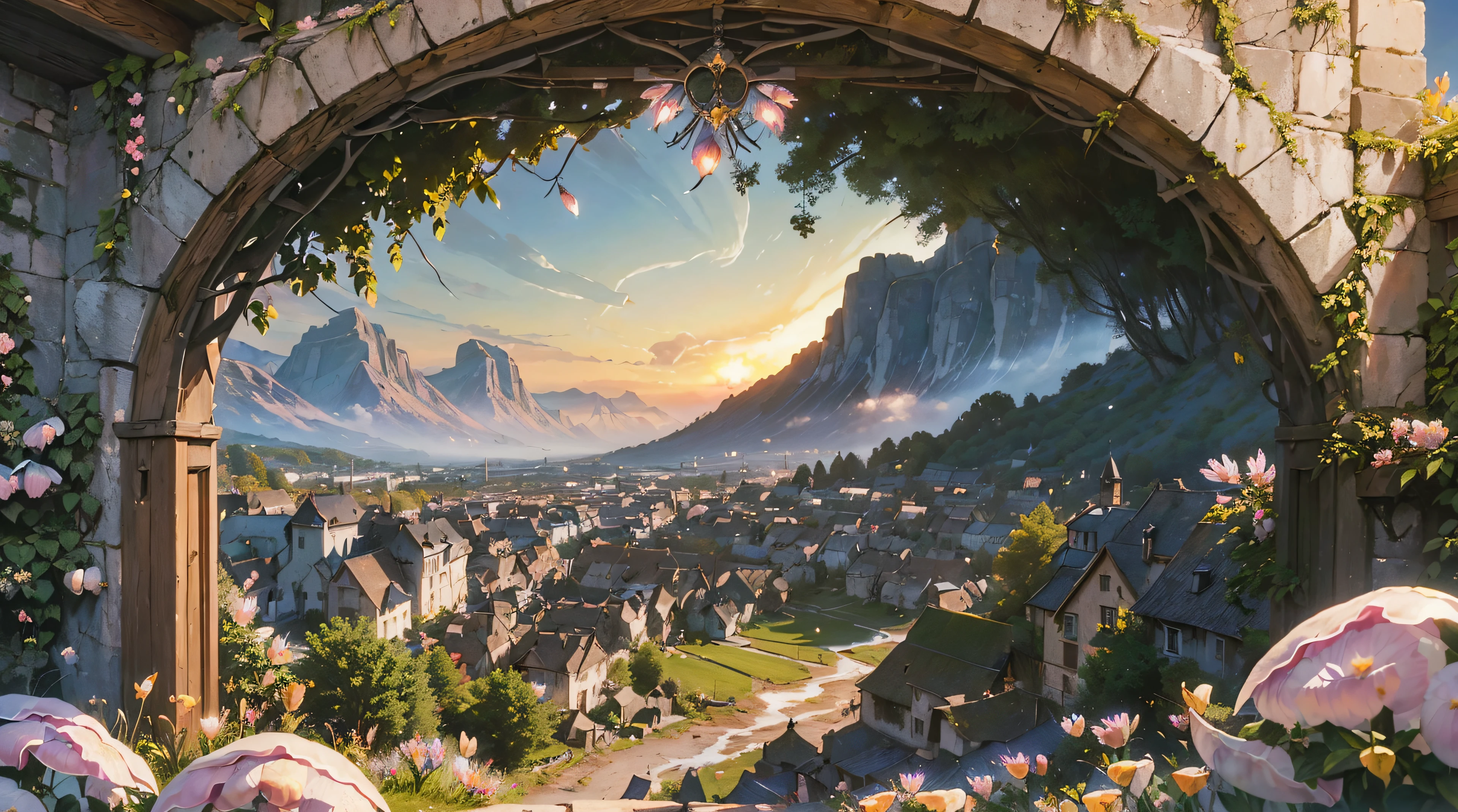 ((masterpiece, hyper realistic,32k,extremely detailed CG unity 8k, best quality, realistic face, solo, canon50, photorealistic, concept art, intricate details, highly detailed, octane render, unreal engine, fantastic-art)) Landscape, (medieval dwarven village in background:1.2), village on the meadow, colorful flowers growing on the meadow, (small village:1.5), mountains in the distance, Sally Mann, HDR, (masterpiece:1.3), at the steampunk world fair, village, analog, caves, (masterpiece:1.2), athletic face, blue butterfly, sky, Vincent Callebaut, (low key), artstation, film grainy, representational, Depth of Field, (Antonio Moro), color, soft lighting, side view:1, by Greg Rutkowski, ((medieval village:1.5)), ((meadow:1.5), vikingpunkai village:0.2, (majestic mountain:1.5), ((flowers:1.5)) ((dawn:2)), fire light through the window